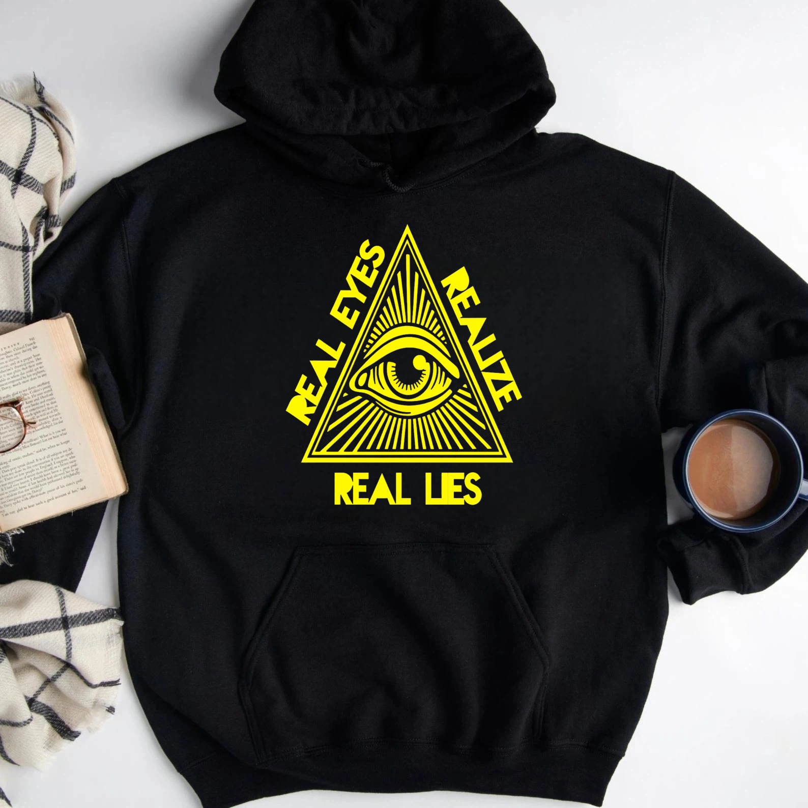 Dorawear™ Real Eyes Realize Real Lies All Seeing Eye Hoodie Black Sweatshirt With Drawstring Hood And Front Pocket For Men Women Unisex Streetwear Fashion Apparel-Dorawear