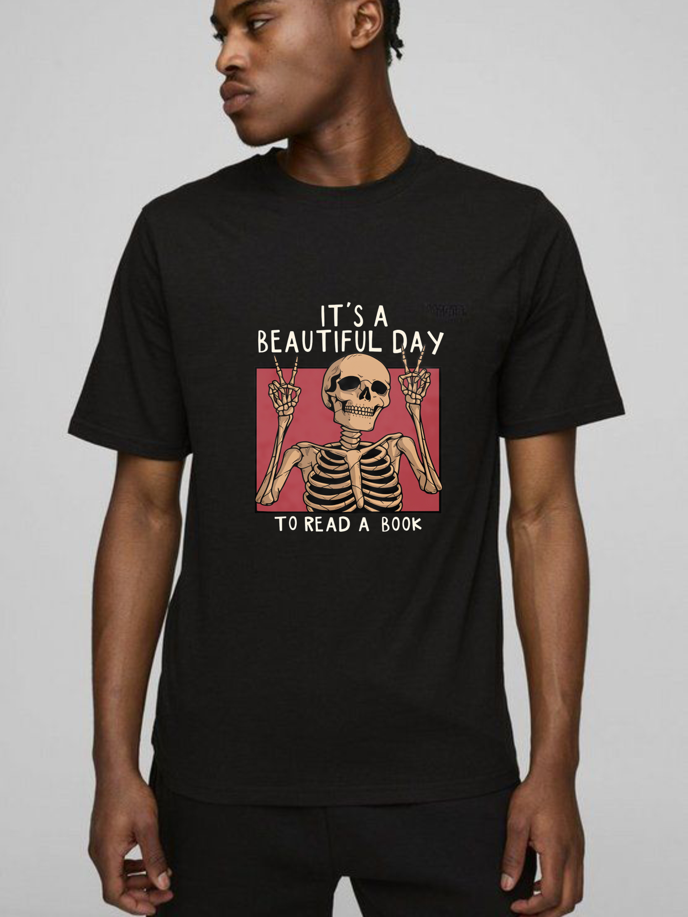 Dorawear™ Skeleton Making Peace Signs With Book Text T Shirt