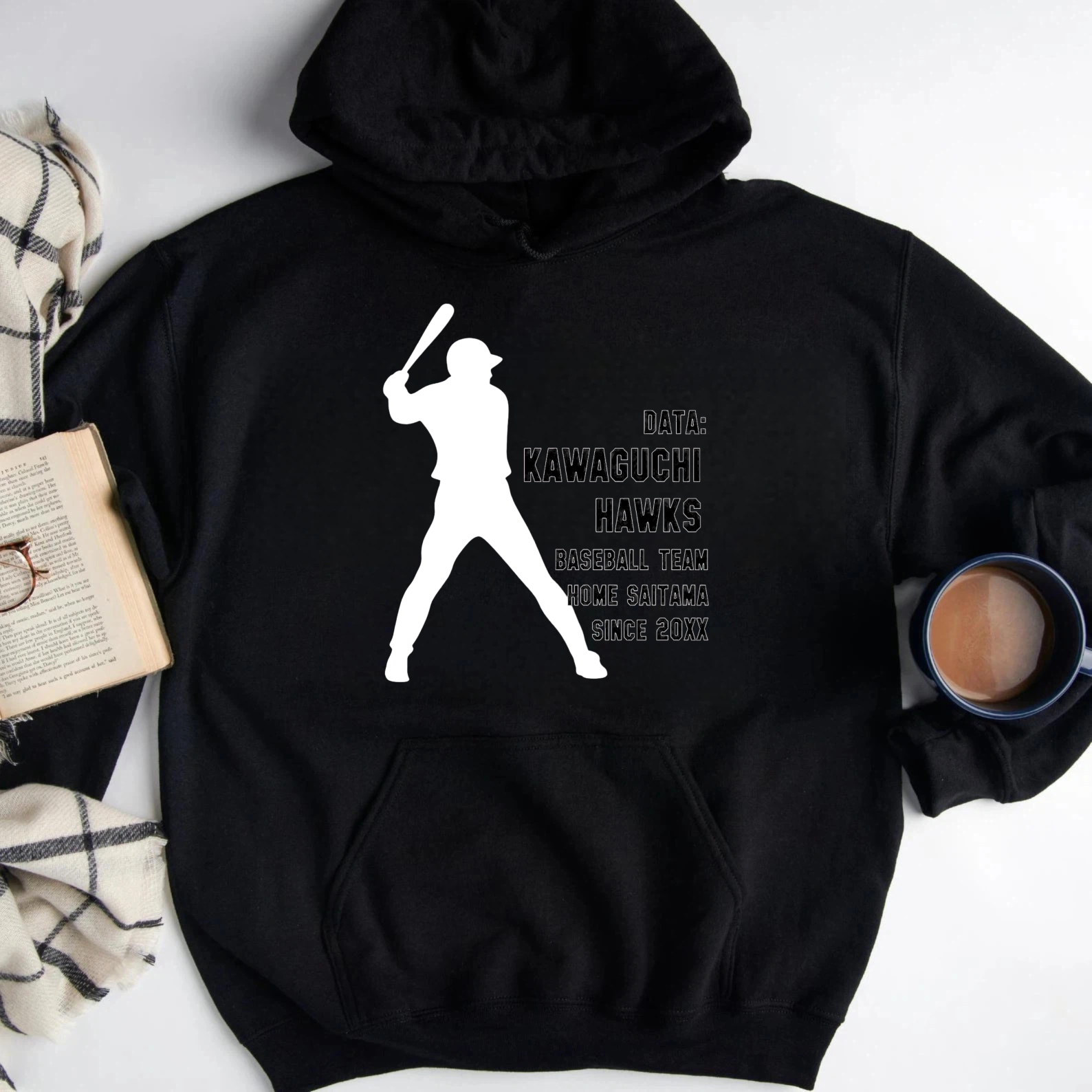 Dorawear™ Kawaguchi Hawks Baseball Team Hoodie Black With White Batting Silhouette And Team Text Since 20XX Design For Fans And Players-Dorawear