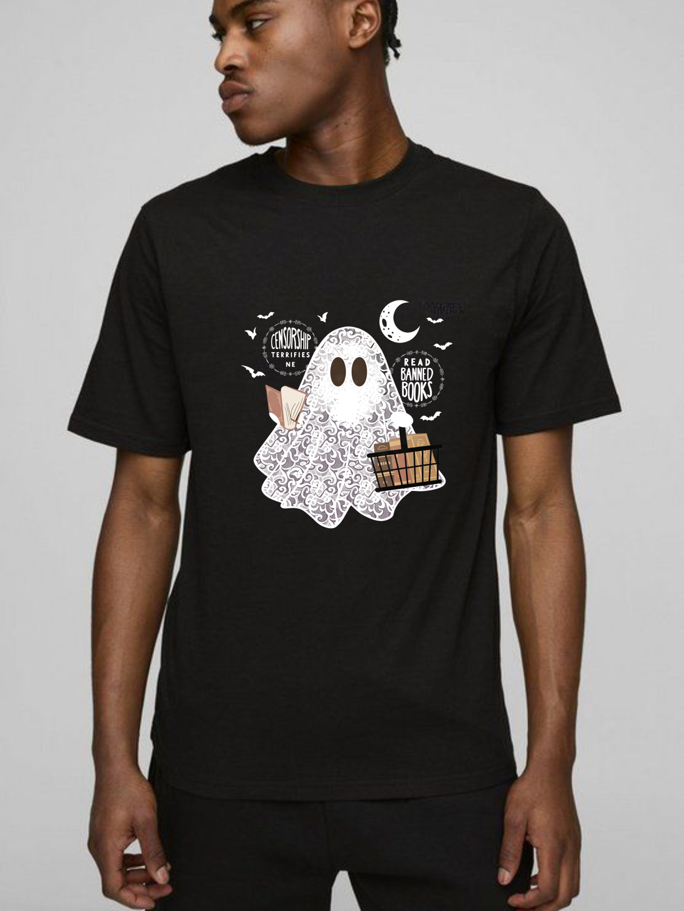 Dorawear Ghost Holds Books And Moon With Bats T Shirt
