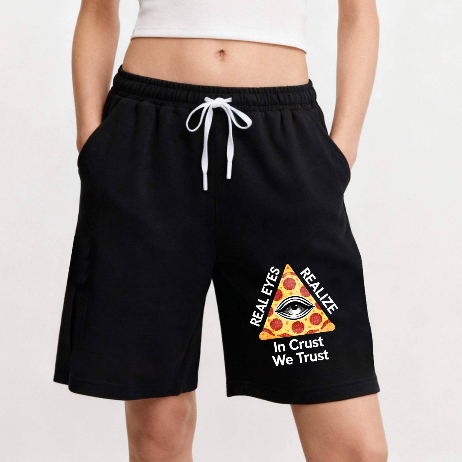 Dorawear™ Pizza Slice With Eye And Text Real Eyes Realize In Crust We Trust Shorts