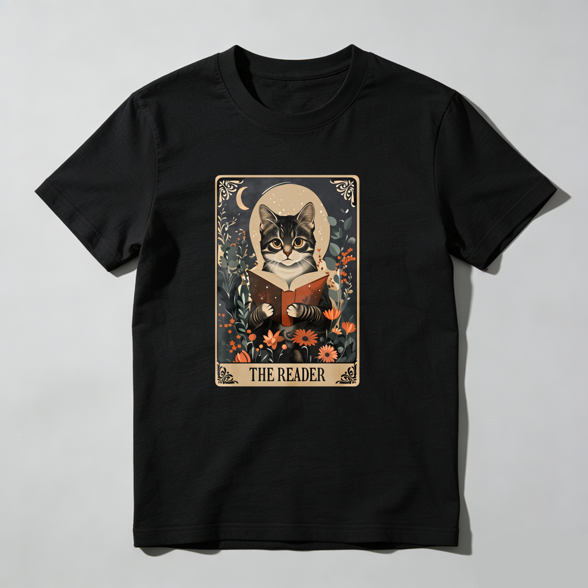 Dorawear™ Cat Reading Book Floral Tarot Card Design T Shirt