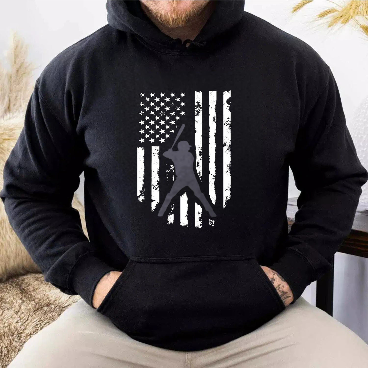 Dorawear™ American Flag Baseball Player Hoodie Black Sweatshirt With Front Pocket And Drawstring Hood Sporty Design For Men Women Unisex Casual Wear-Dorawear
