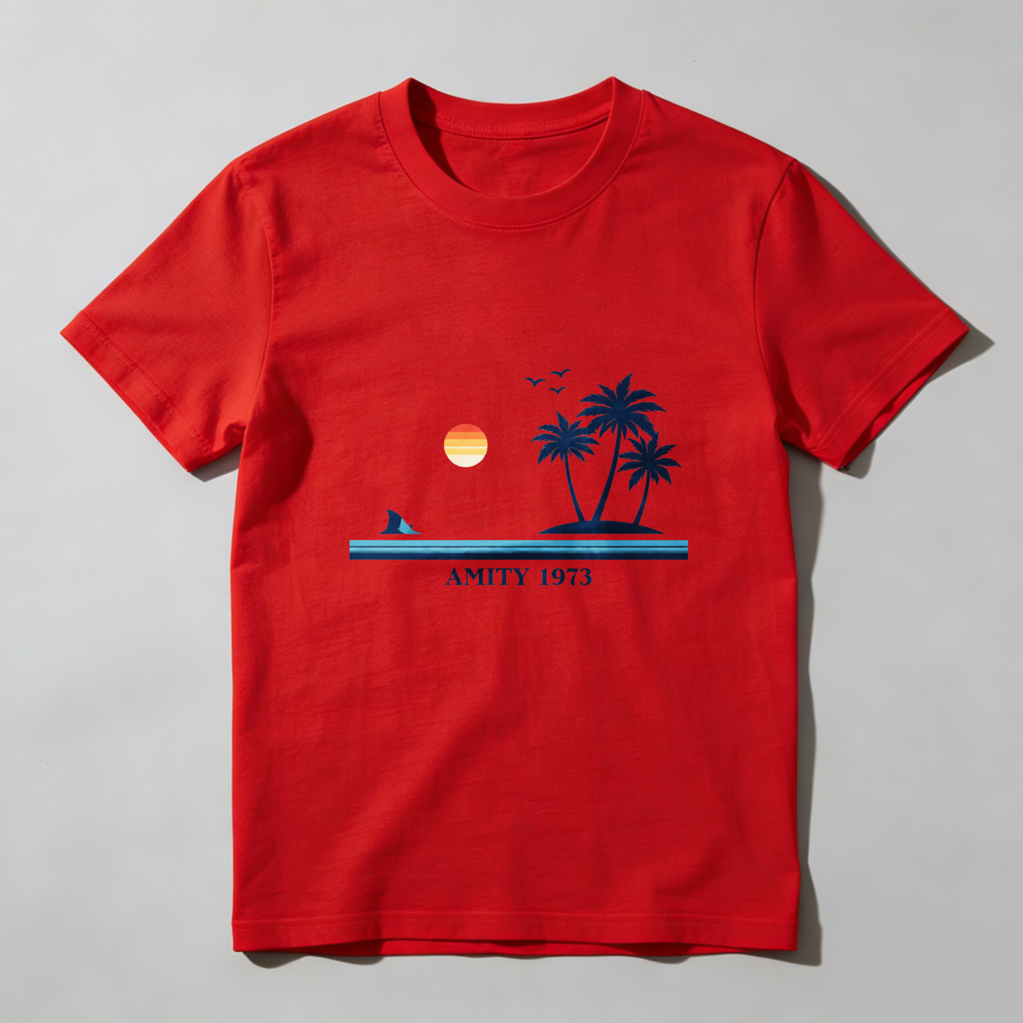 Dorawear™ Sunset Palm Trees Shark Amity 1973 Pure Cotton Short Sleeve T Shirt-Dorawear