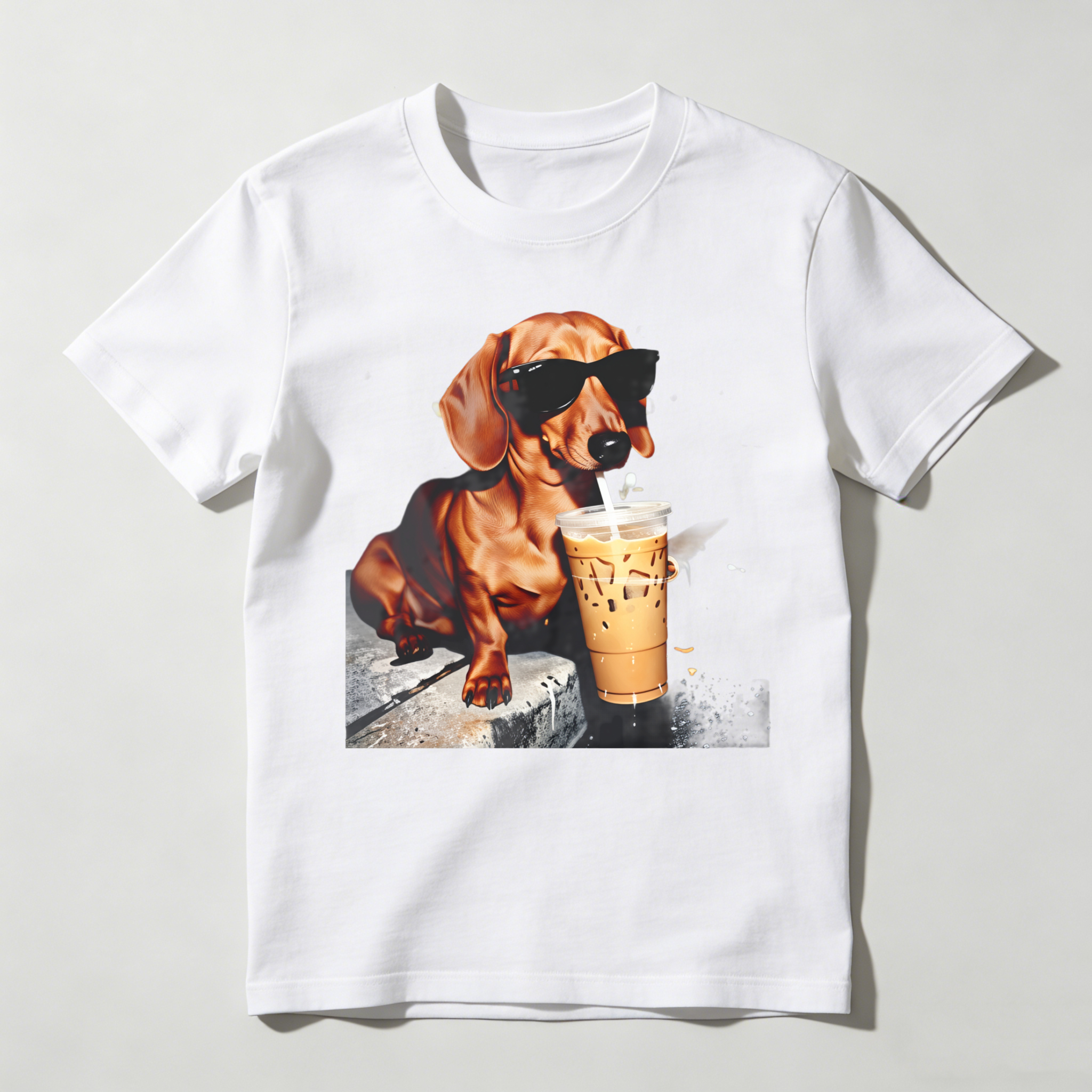 Dorawear™ Dachshund Wears Sunglasses Sips Iced Coffee T Shirt