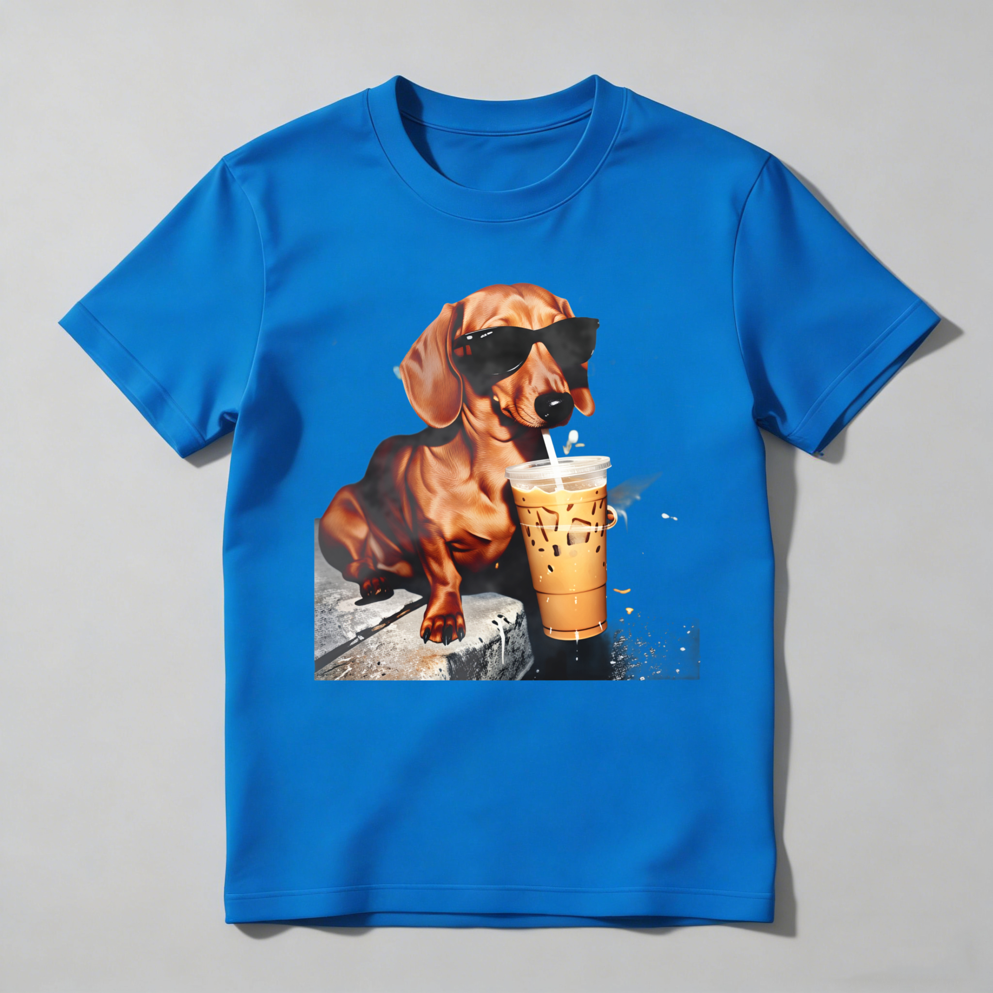 Dorawear™ Dachshund Wears Sunglasses Sips Iced Coffee T Shirt