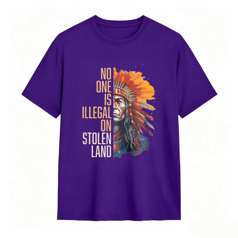 Native American Headdress And Text No One Is Illegal On Stolen Land T-shirt