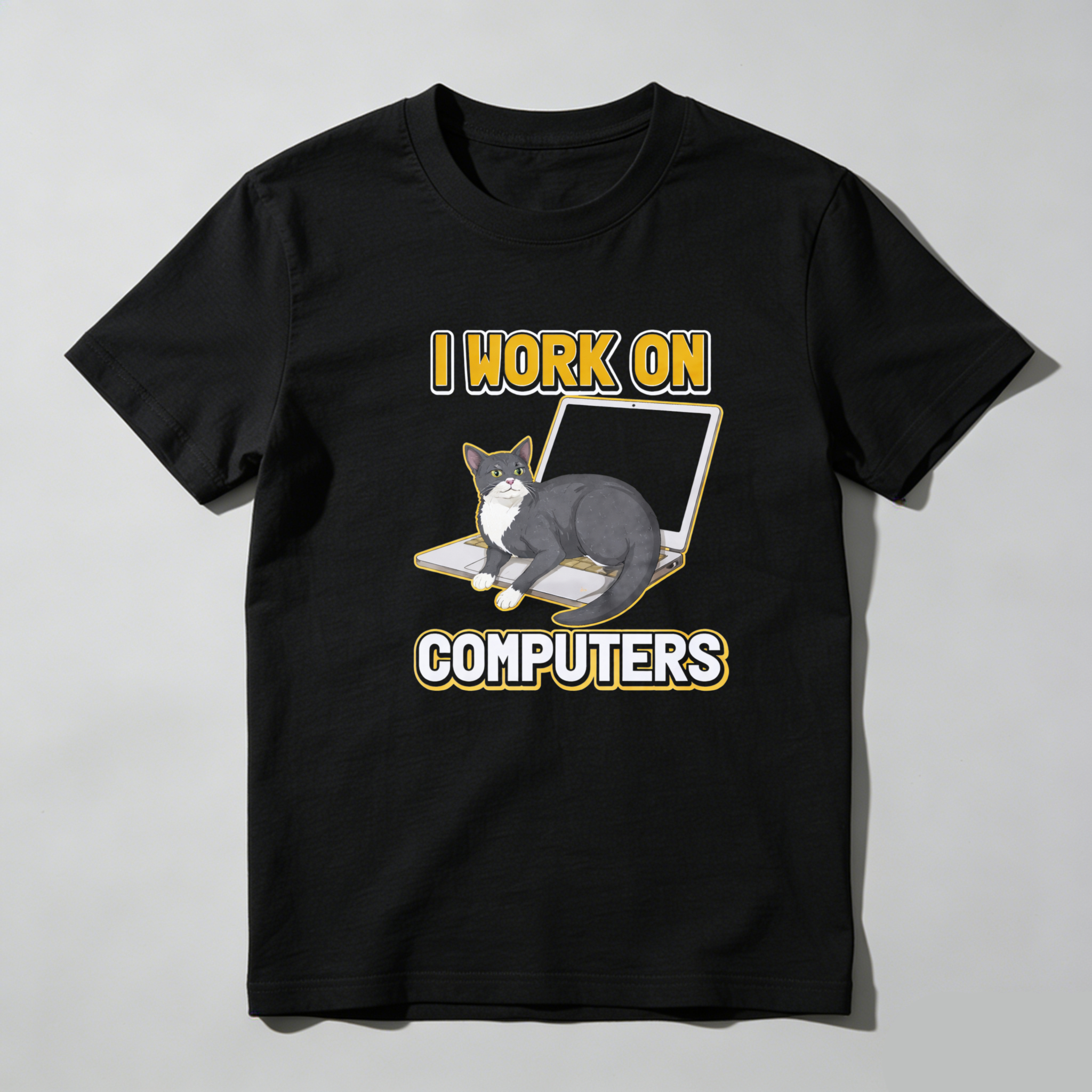 Dorawear™ Cat On Laptop I Work On Computers Pure Cotton Short Sleeve T Shirt-Dorawear