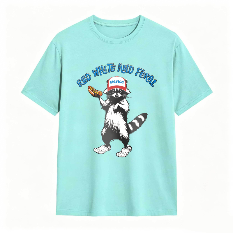 USA Red White Feral Racoon Vintage Hot Dog Party America Patriotic Racoon Tshirt