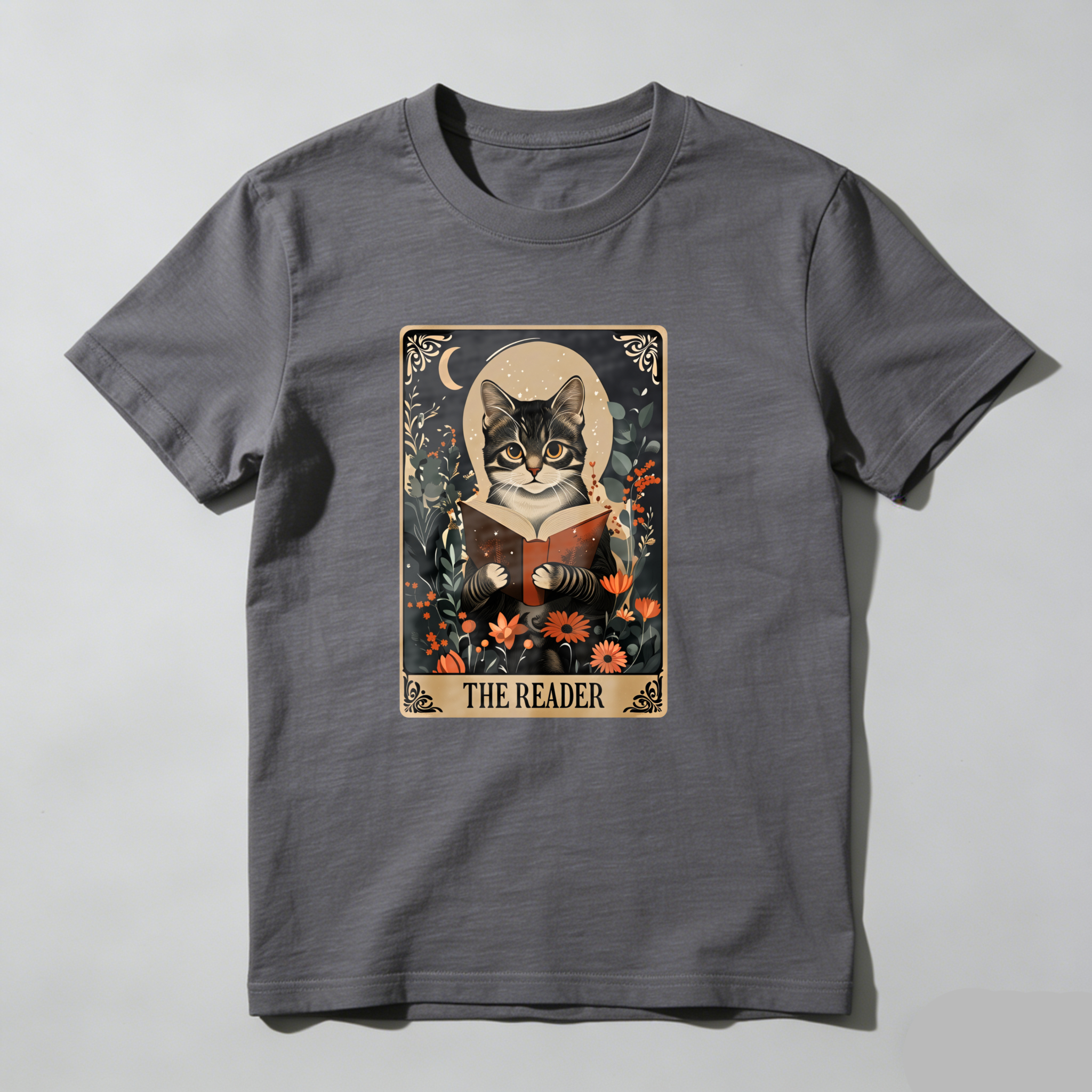 Dorawear™ Cat Reading Book Floral Tarot Card Design T Shirt