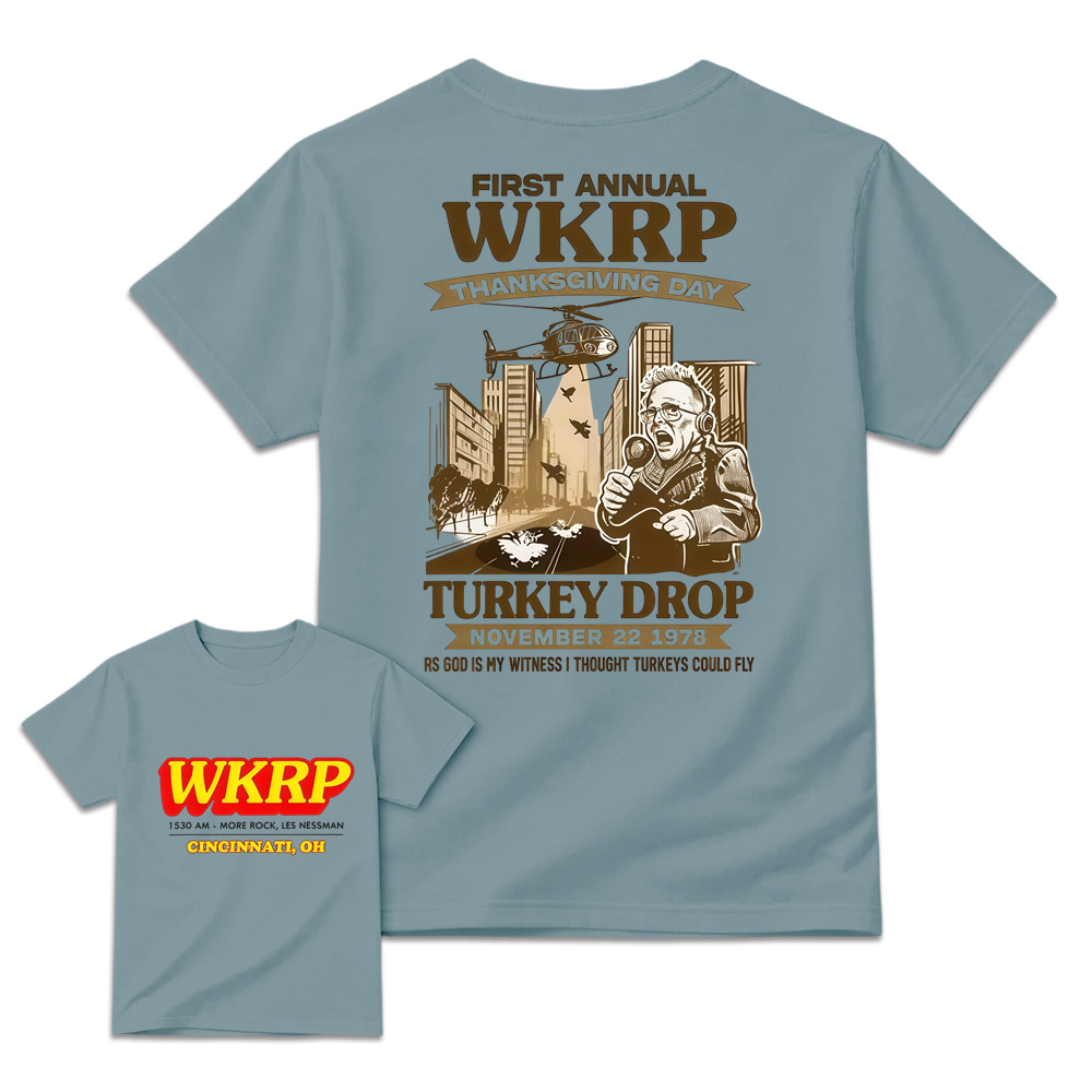 WKRP Theme 1st Annual Thanksgiving Shirt Cotton Graphic Tee - Cincinnati Themed, Basic, Relaxed Cut, Casual Fit, Comfortable, Short Sleeve, Round Neck, , Sports Top