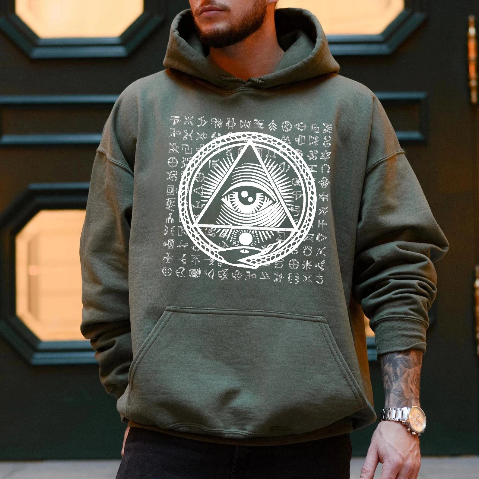 Dorawear™ All Seeing Eye Symbol Hoodie With Mystical Symbols And Ancient Text Design Black Sweatshirt For Men And Women Spiritual Fashion Statement Piece-Dorawear