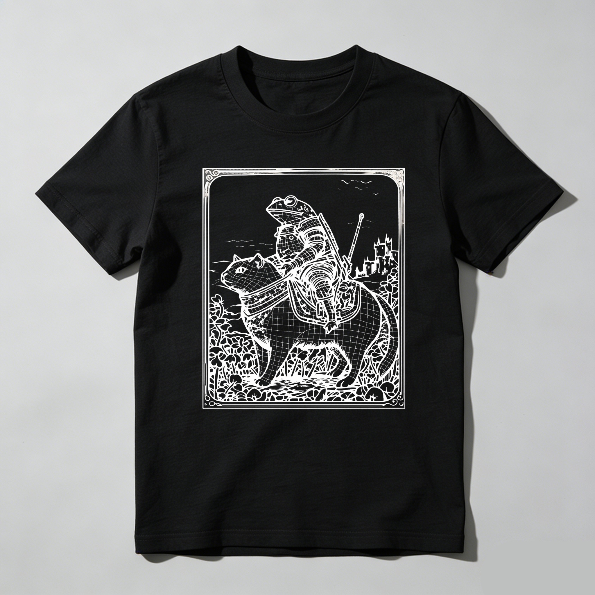 Dorawear™ Frog Knight Riding Cat In Fantasy Landscape T Shirt