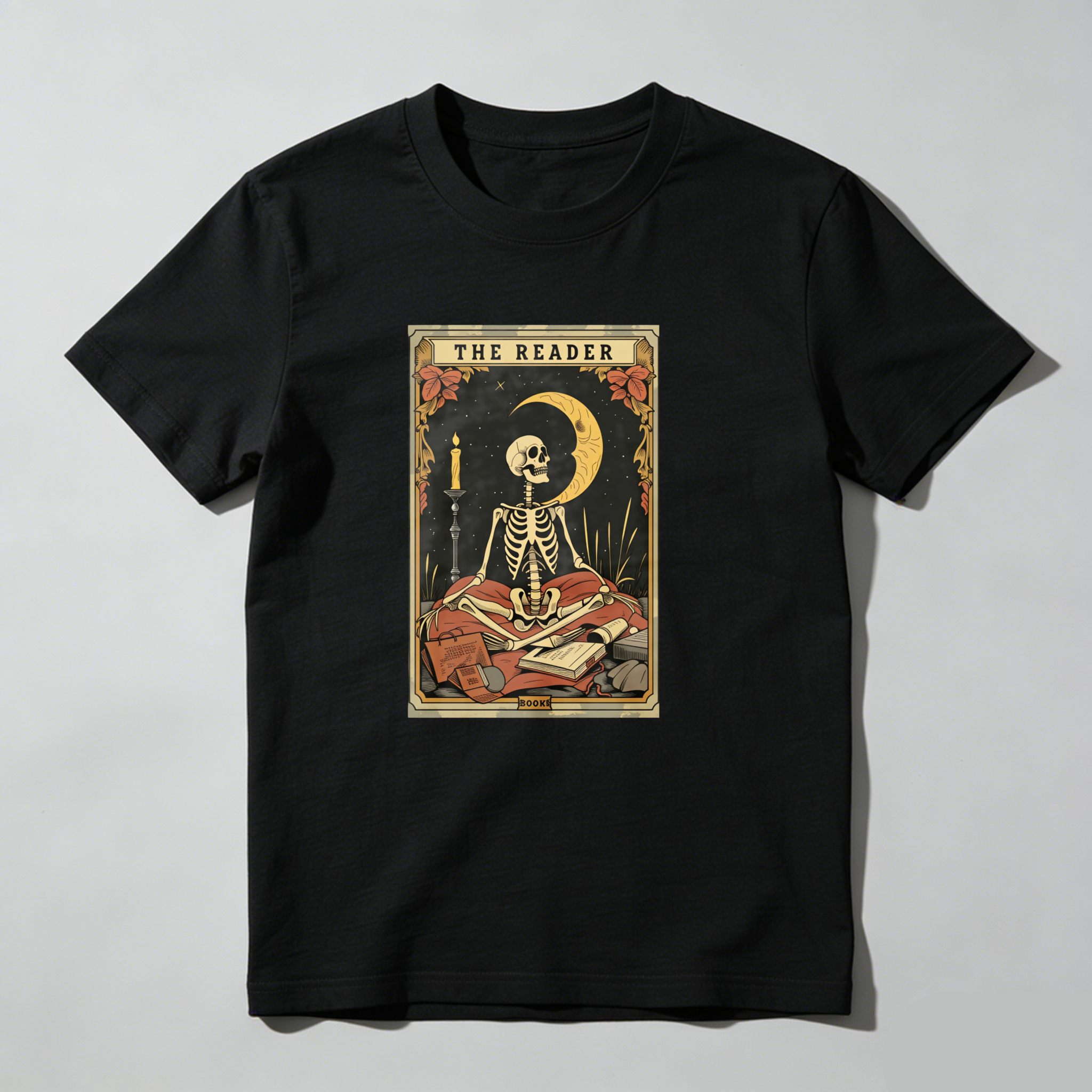 Dorawear™ The Reader Skeleton Reading Book Moon Candle T Shirt