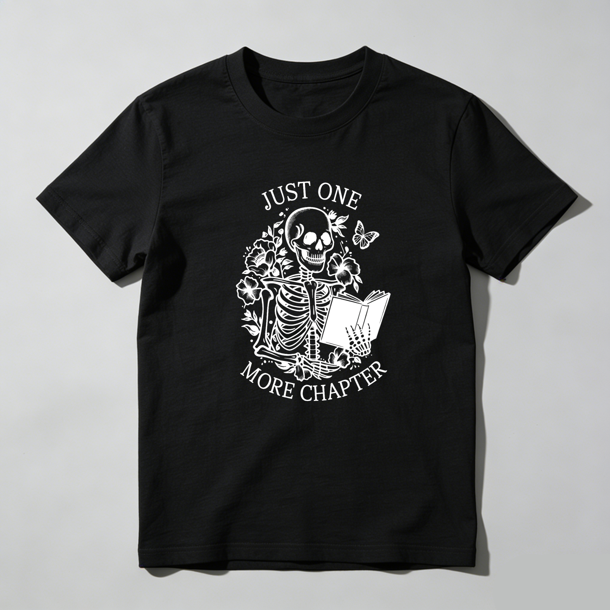 Dorawear Just One More Chapter Skeleton Reading Book T Shirt