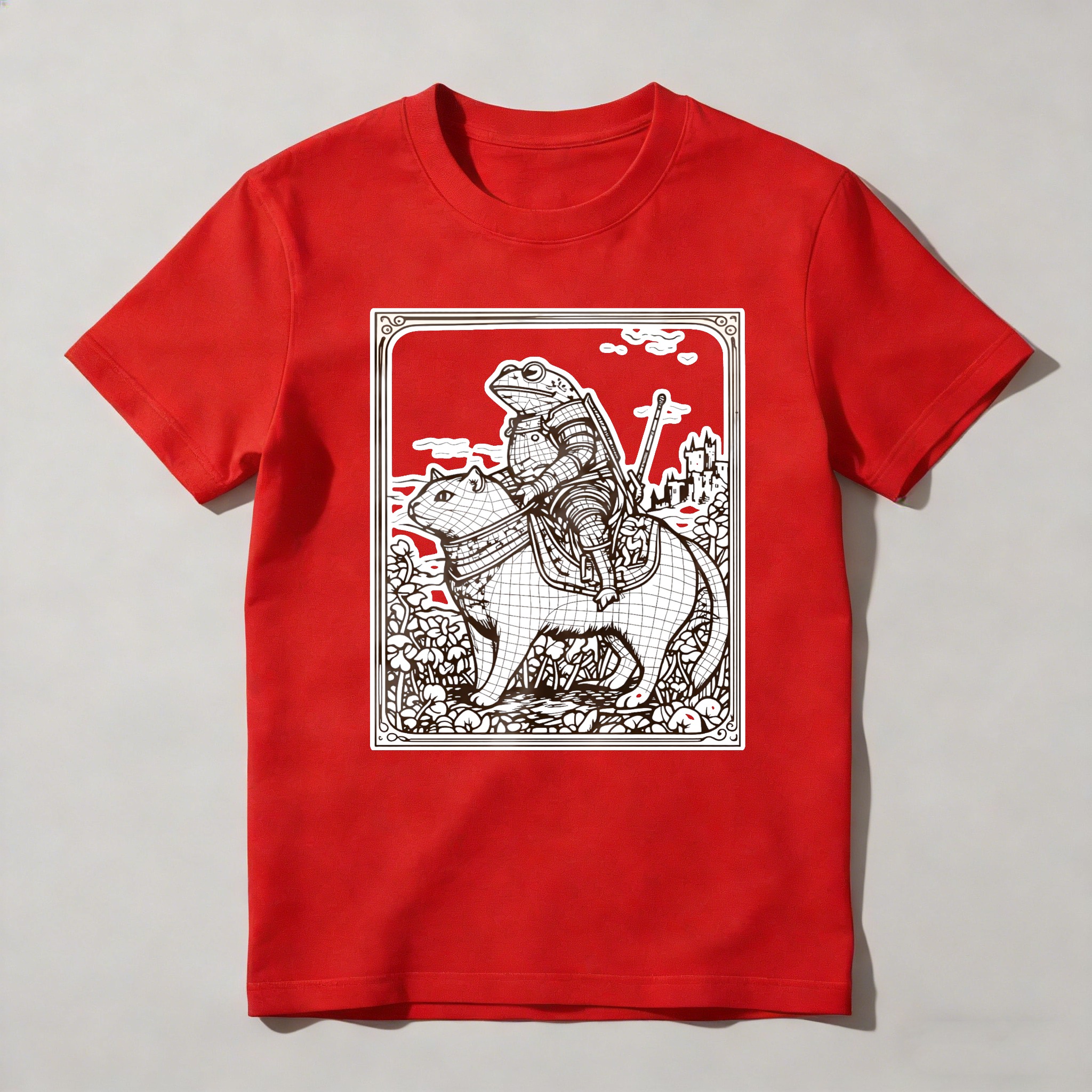 Dorawear™ Frog Knight Riding Cat In Fantasy Landscape T Shirt