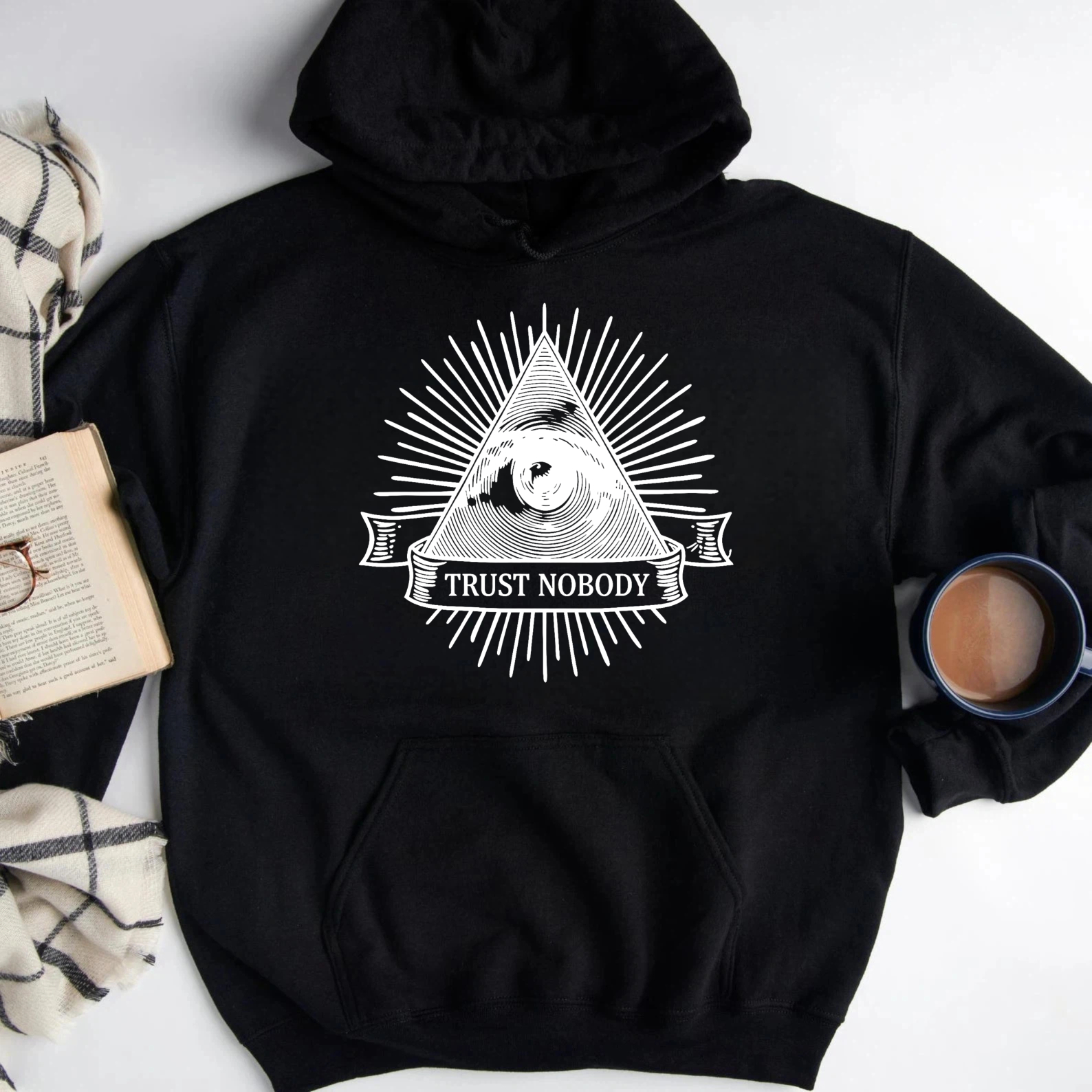 Dorawear™ Trust Nobody All Seeing Eye Hoodie Black Sweatshirt With Pyramid And Eye Design Unisex Casual Wear For Men And Women-Dorawear