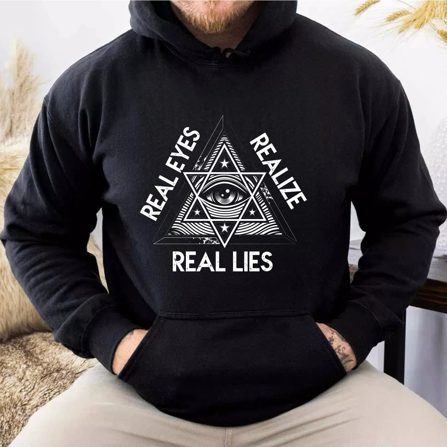 Dorawear™ Real Eyes Realize Real Lies Hoodie Black Sweatshirt With All Seeing Eye Design Graphic Pullover For Men And Women Fashion Statement Clothing-Dorawear
