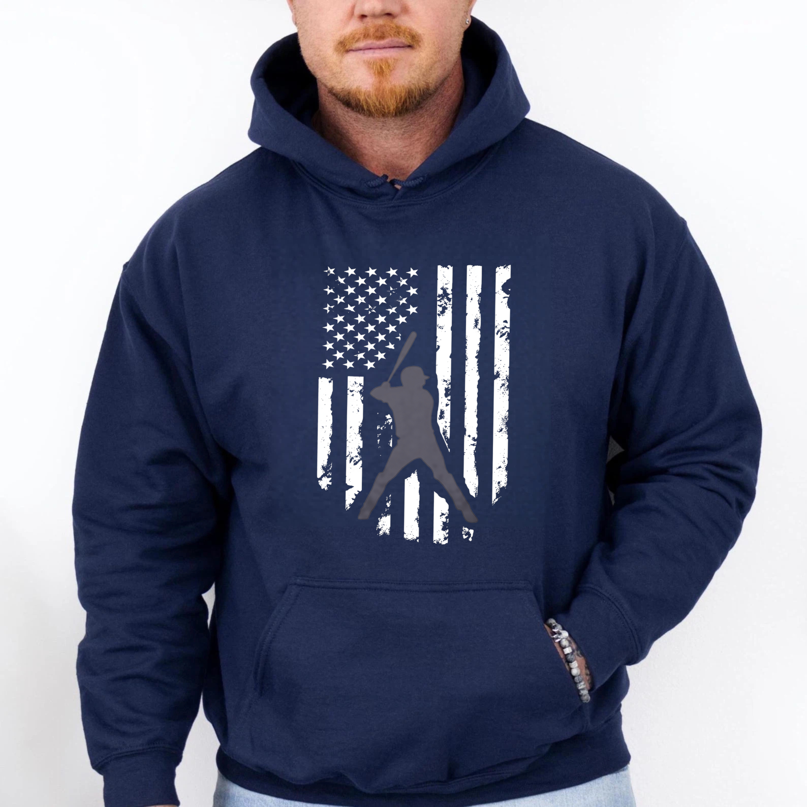 Dorawear™ American Flag Baseball Player Hoodie Black Sweatshirt With Front Pocket And Drawstring Hood Sporty Design For Men Women Unisex Casual Wear-Dorawear