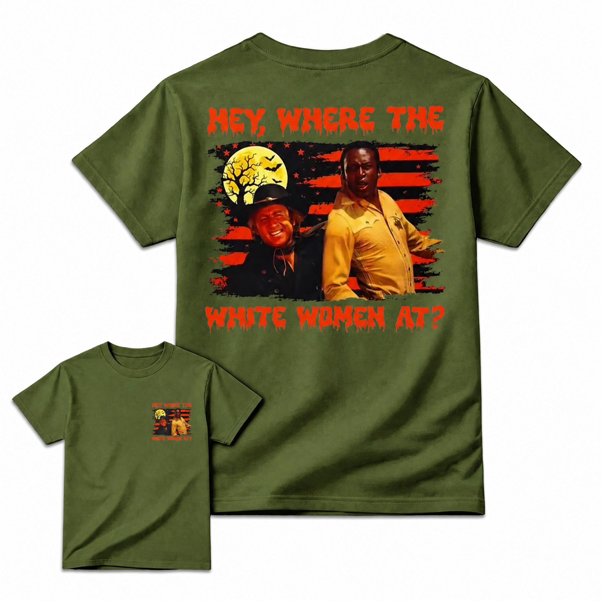 Funny Blazing Saddles Movie Graphic Tee - Spooky Halloween "Where The White Women At" T-Shirt