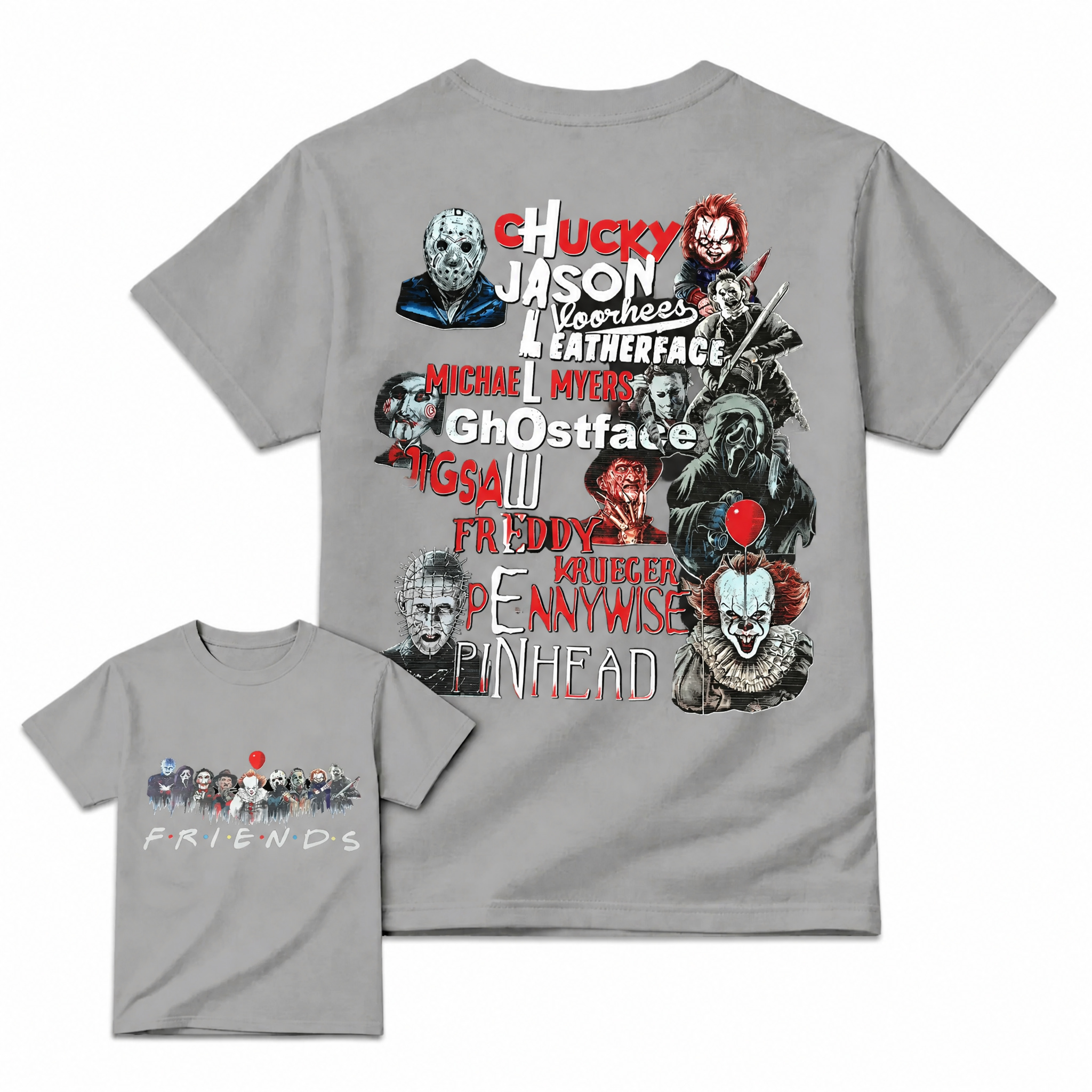 Funny Halloween Horror Friends Graphic Tee - Retro Movie Killers Parody T-Shirt
