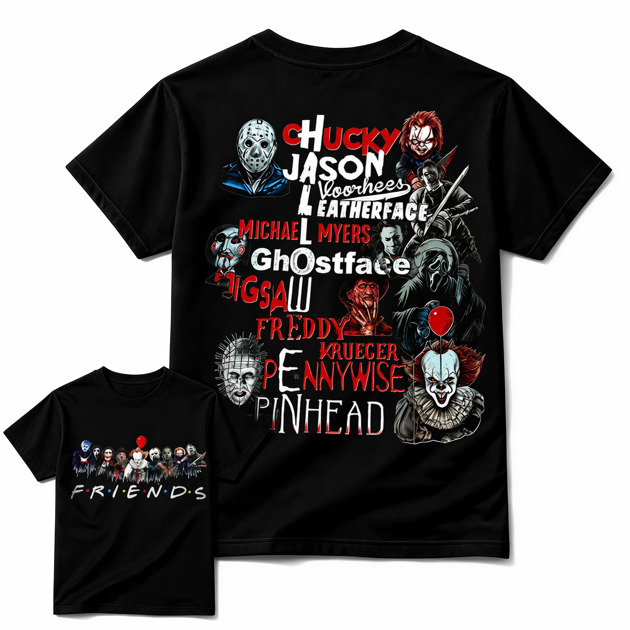 Funny Halloween Horror Friends Graphic Tee - Retro Movie Killers Parody T-Shirt