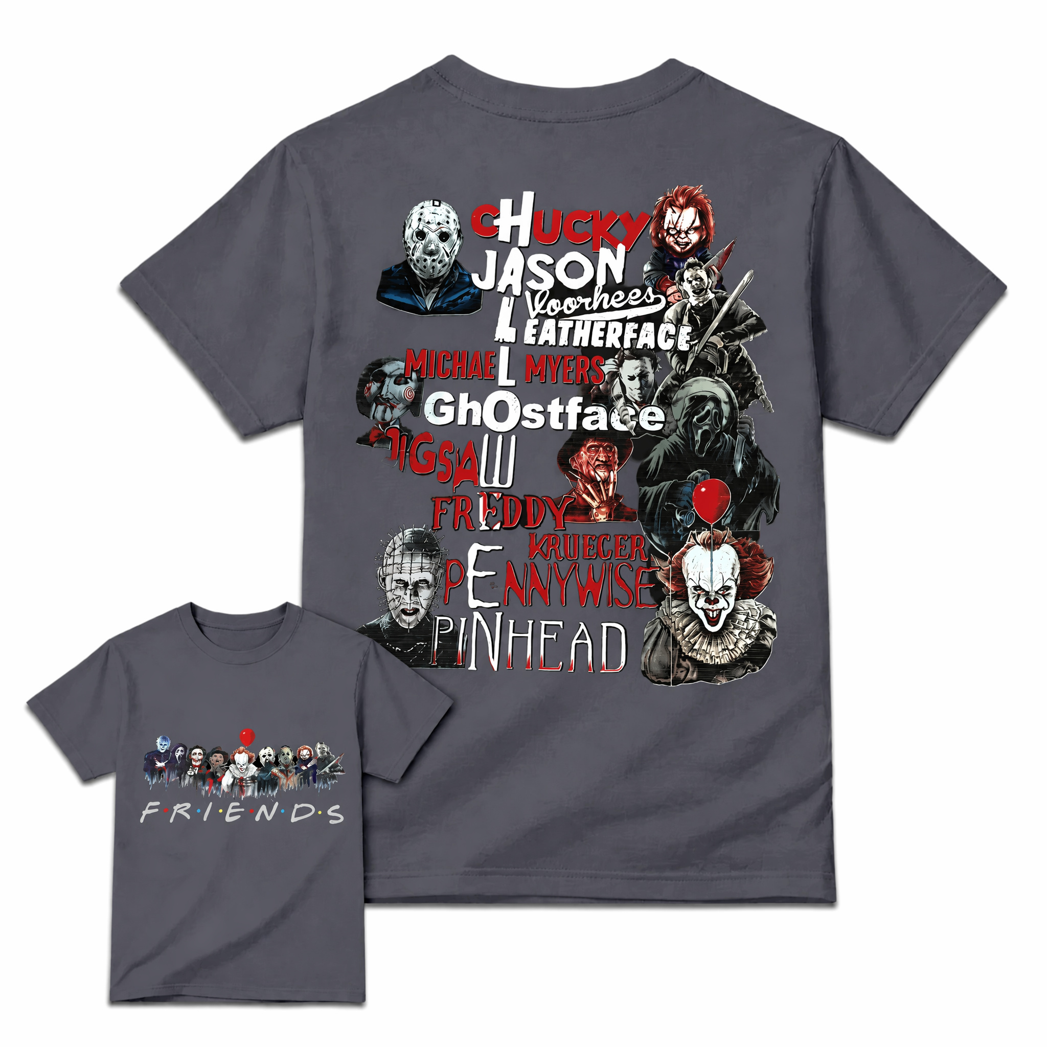 Funny Halloween Horror Friends Graphic Tee - Retro Movie Killers Parody T-Shirt