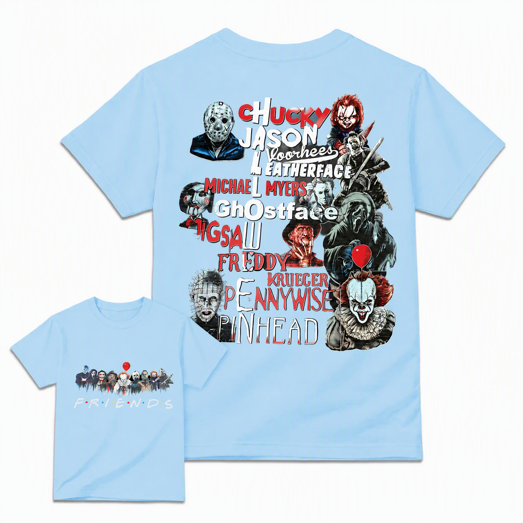 Funny Halloween Horror Friends Graphic Tee - Retro Movie Killers Parody T-Shirt
