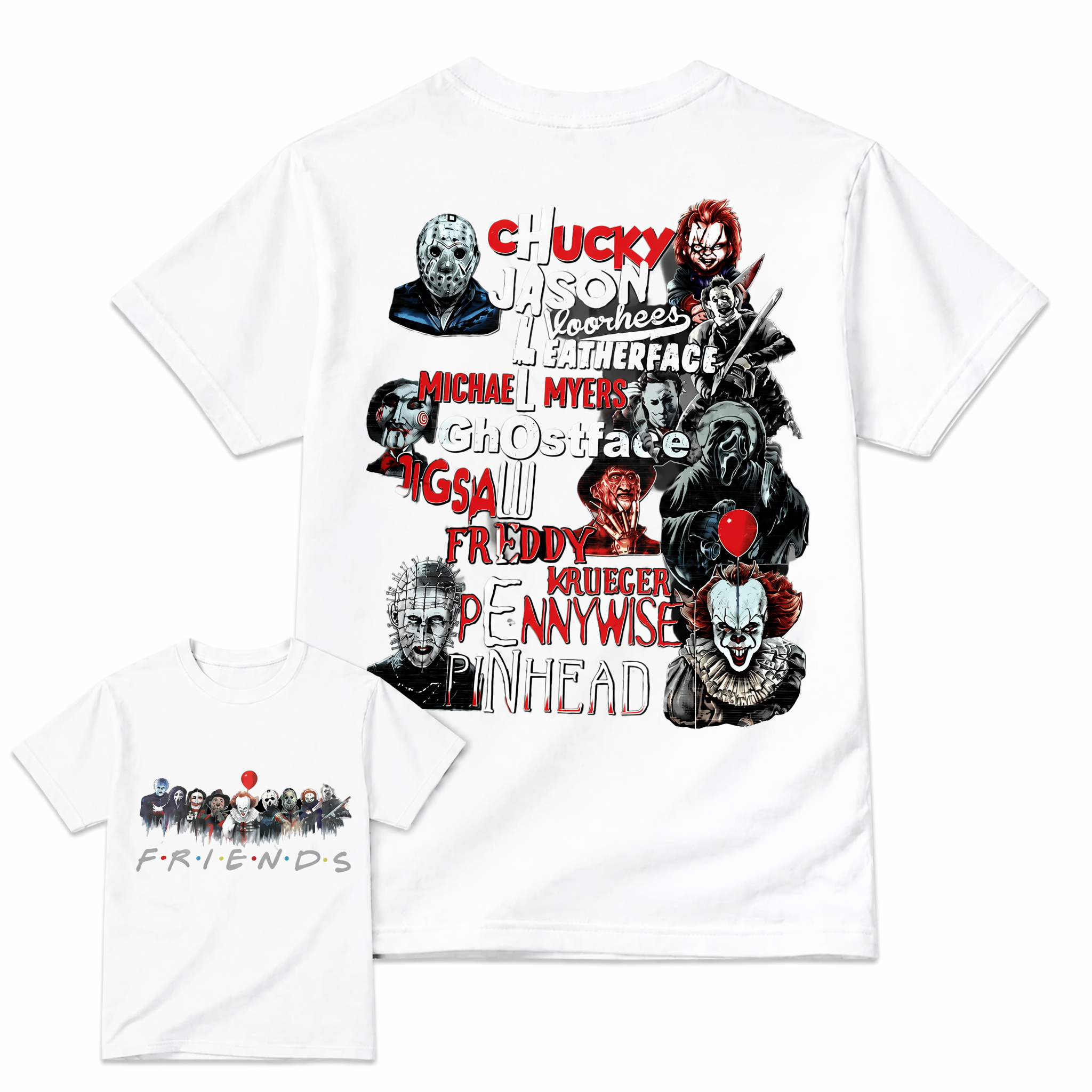 Funny Halloween Horror Friends Graphic Tee - Retro Movie Killers Parody T-Shirt