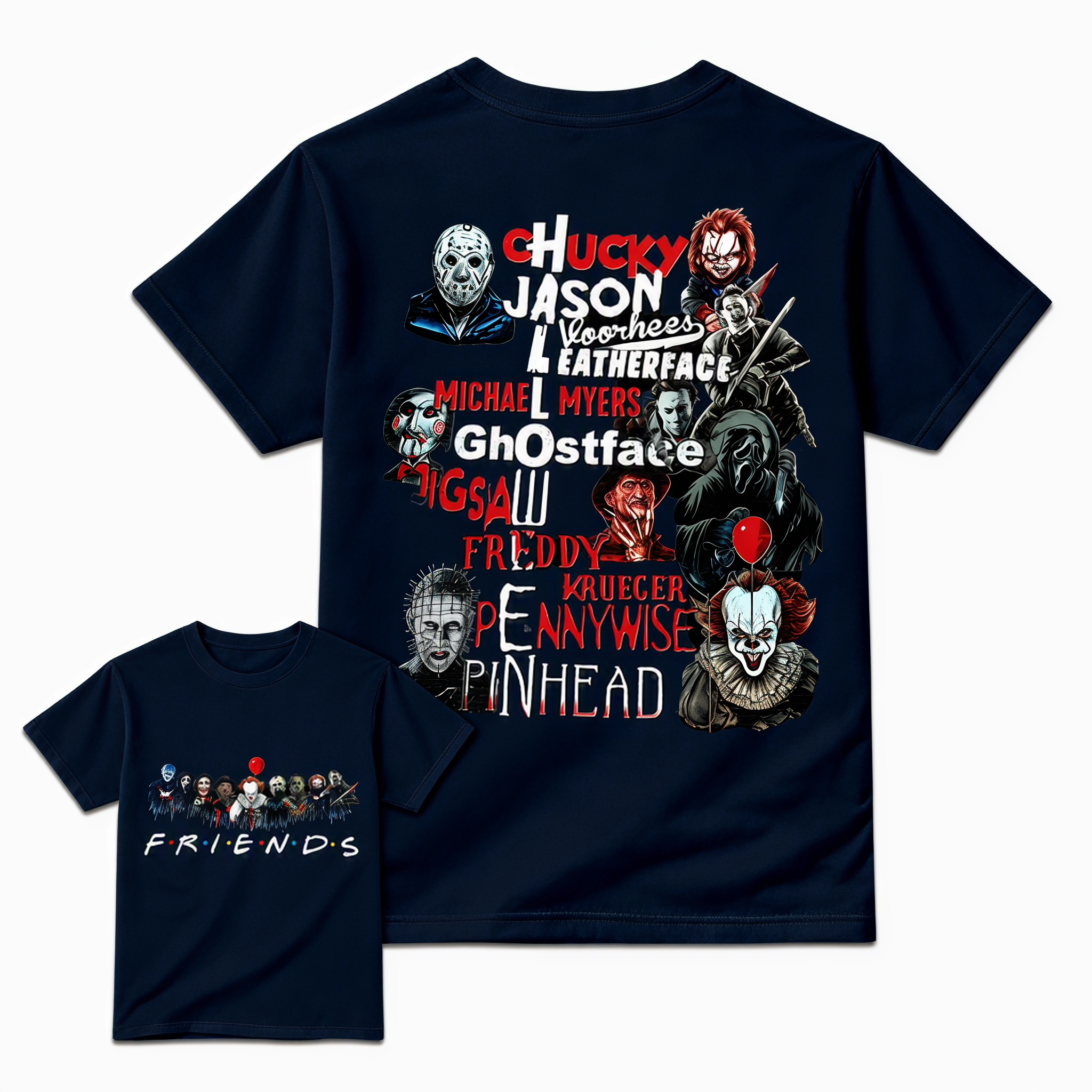 Funny Halloween Horror Friends Graphic Tee - Retro Movie Killers Parody T-Shirt