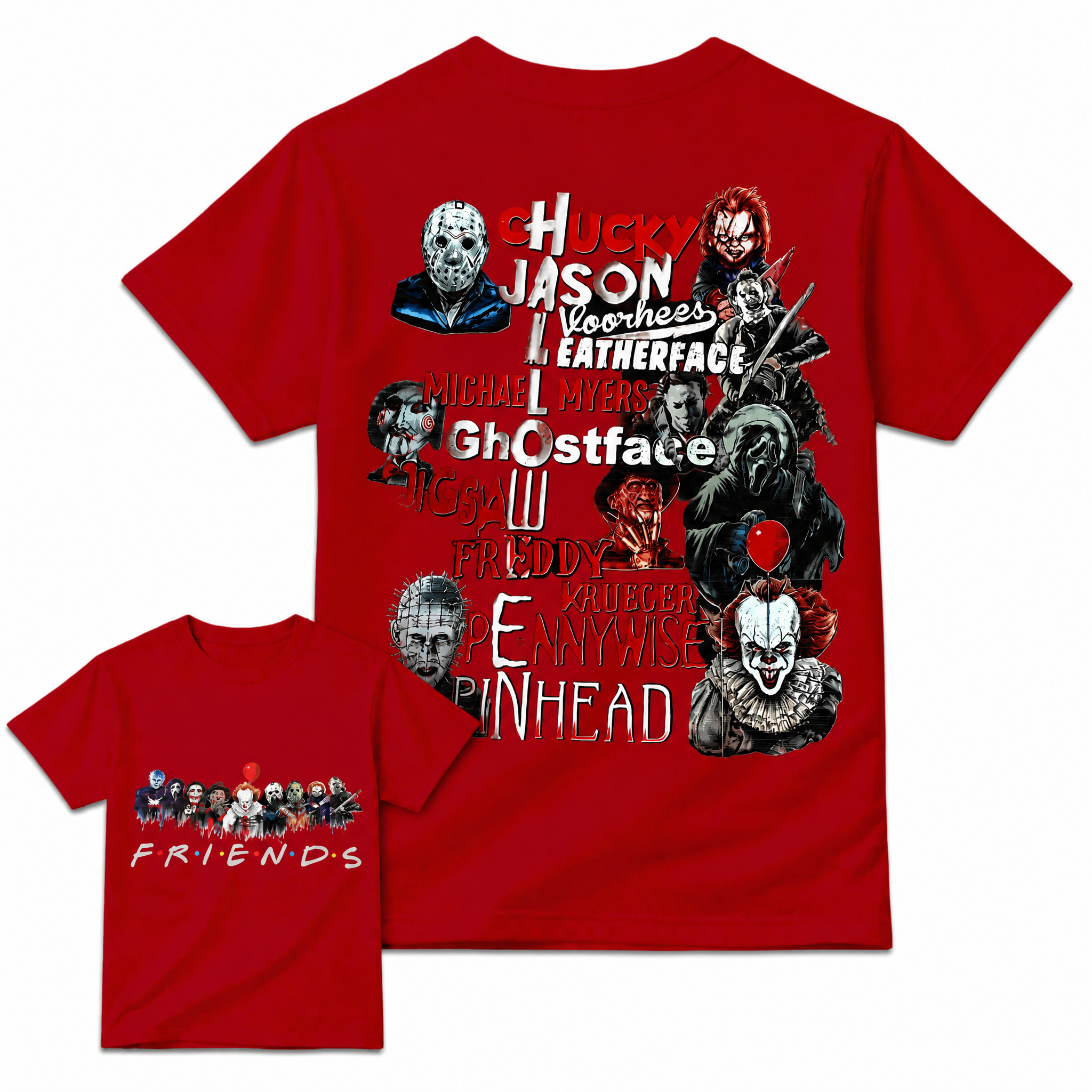 Funny Halloween Horror Friends Graphic Tee - Retro Movie Killers Parody T-Shirt