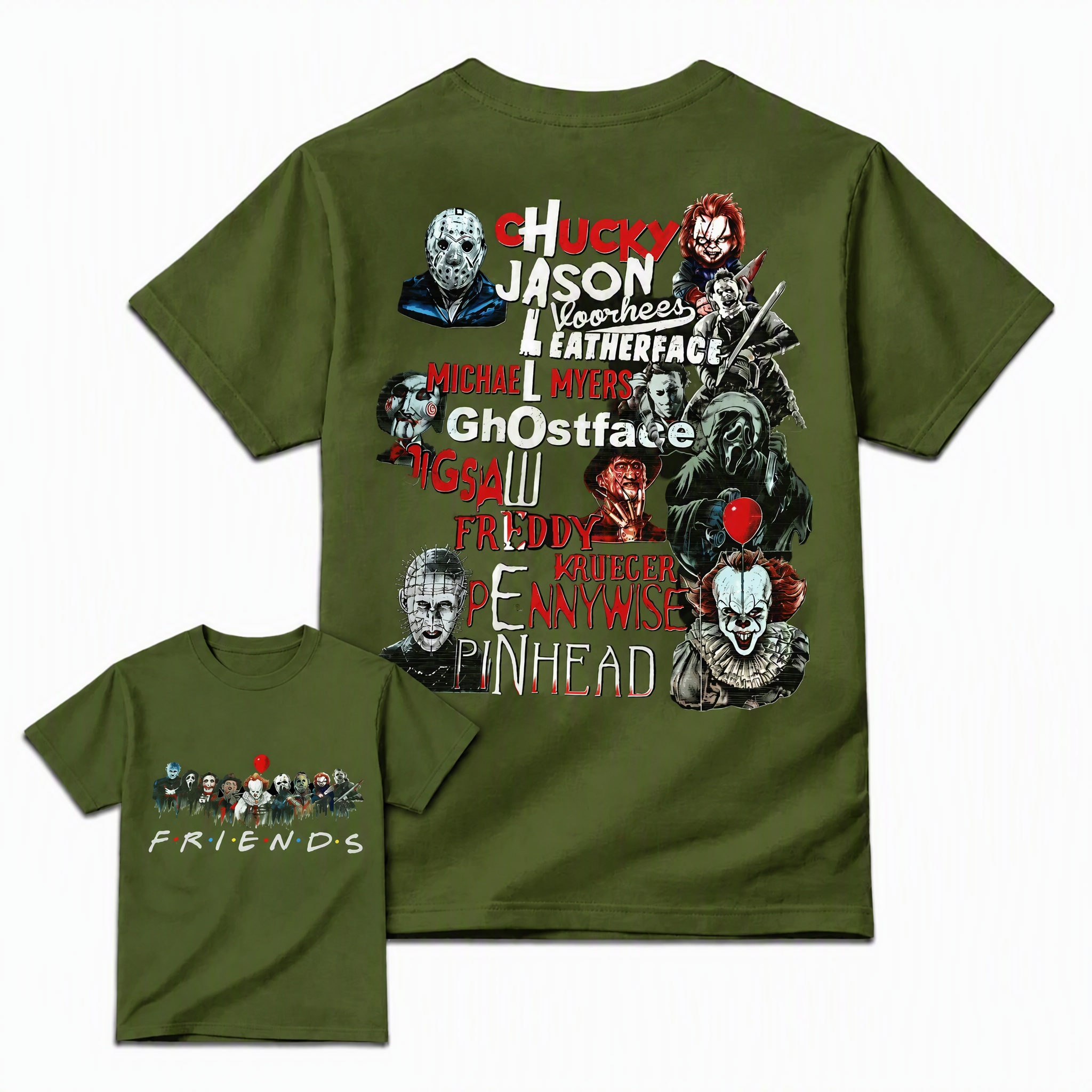 Funny Halloween Horror Friends Graphic Tee - Retro Movie Killers Parody T-Shirt