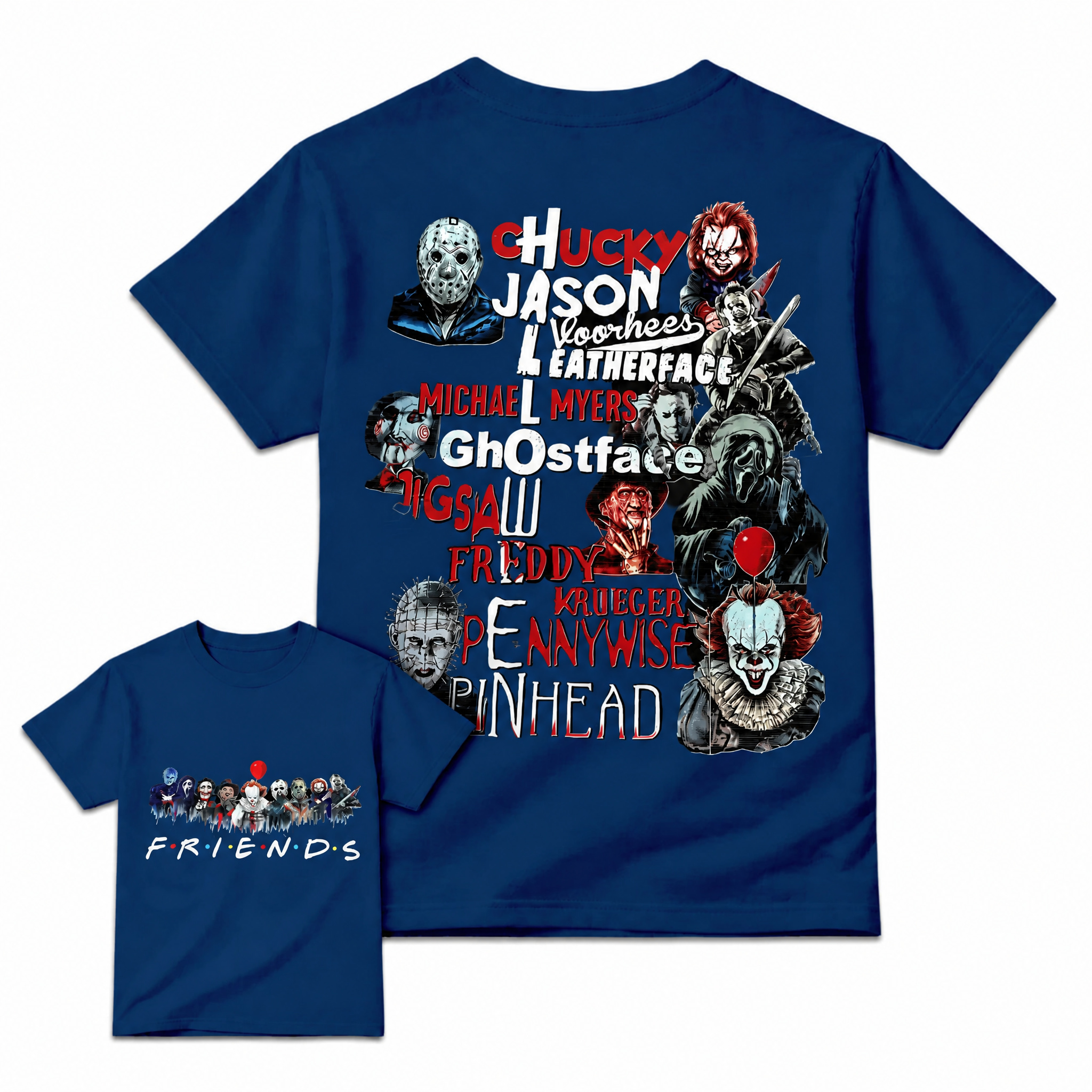 Funny Halloween Horror Friends Graphic Tee - Retro Movie Killers Parody T-Shirt