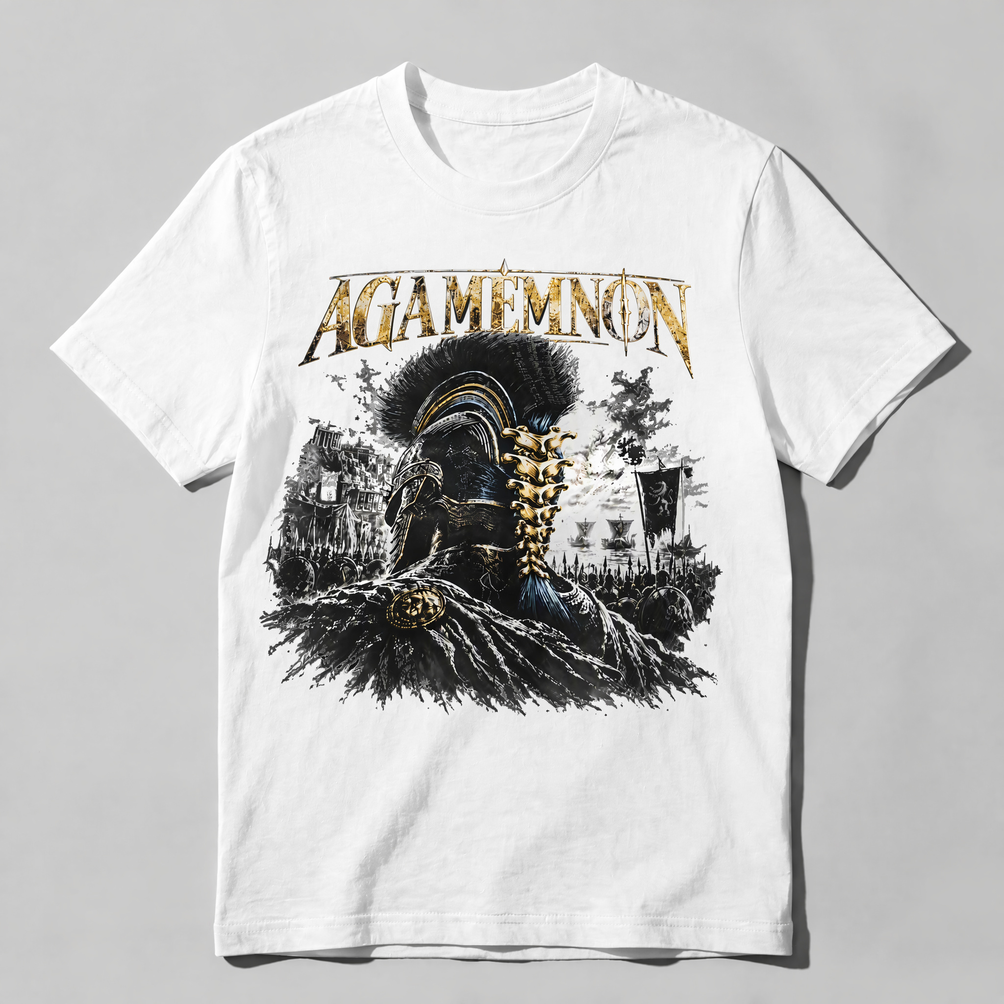Vintage Agamemnon Greek Mythology Graphic Tee - Retro Trojan War Metal Style T-Shirt