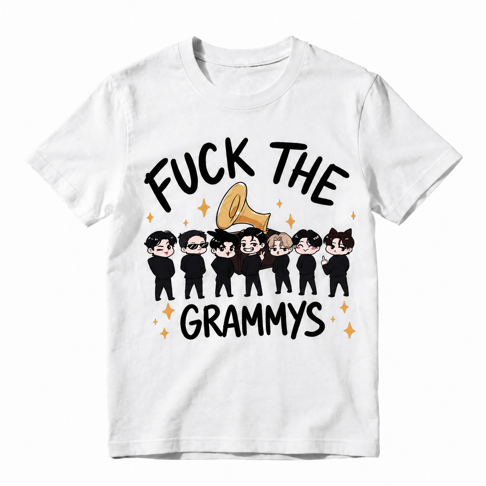 Funny K-Pop Protest Graphic Tee - Sarcastic "F*ck The Grammys" Cartoon Group T-Shirt