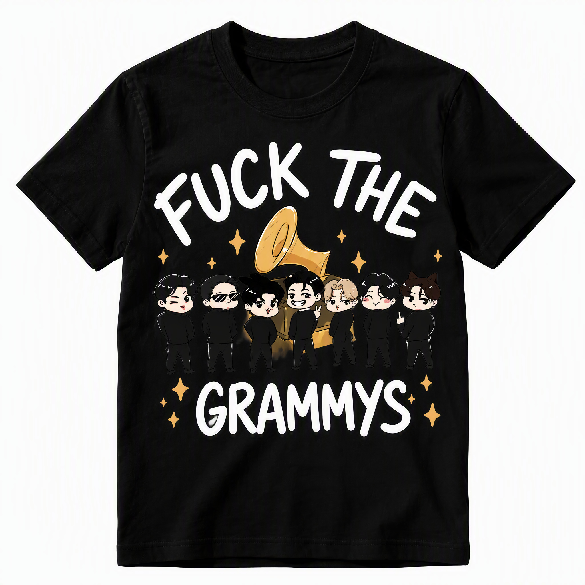 Funny K-Pop Protest Graphic Tee - Sarcastic "F*ck The Grammys" Cartoon Group T-Shirt