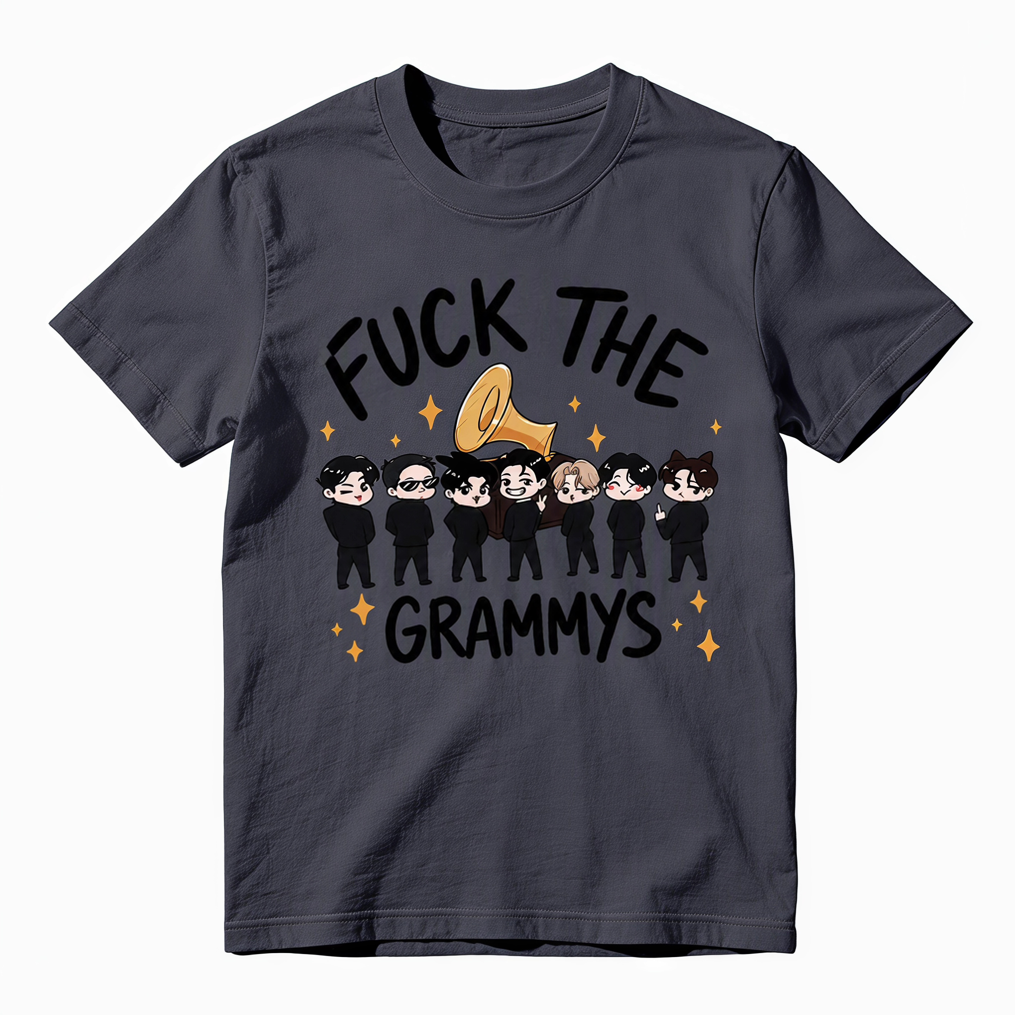 Funny K-Pop Protest Graphic Tee - Sarcastic "F*ck The Grammys" Cartoon Group T-Shirt