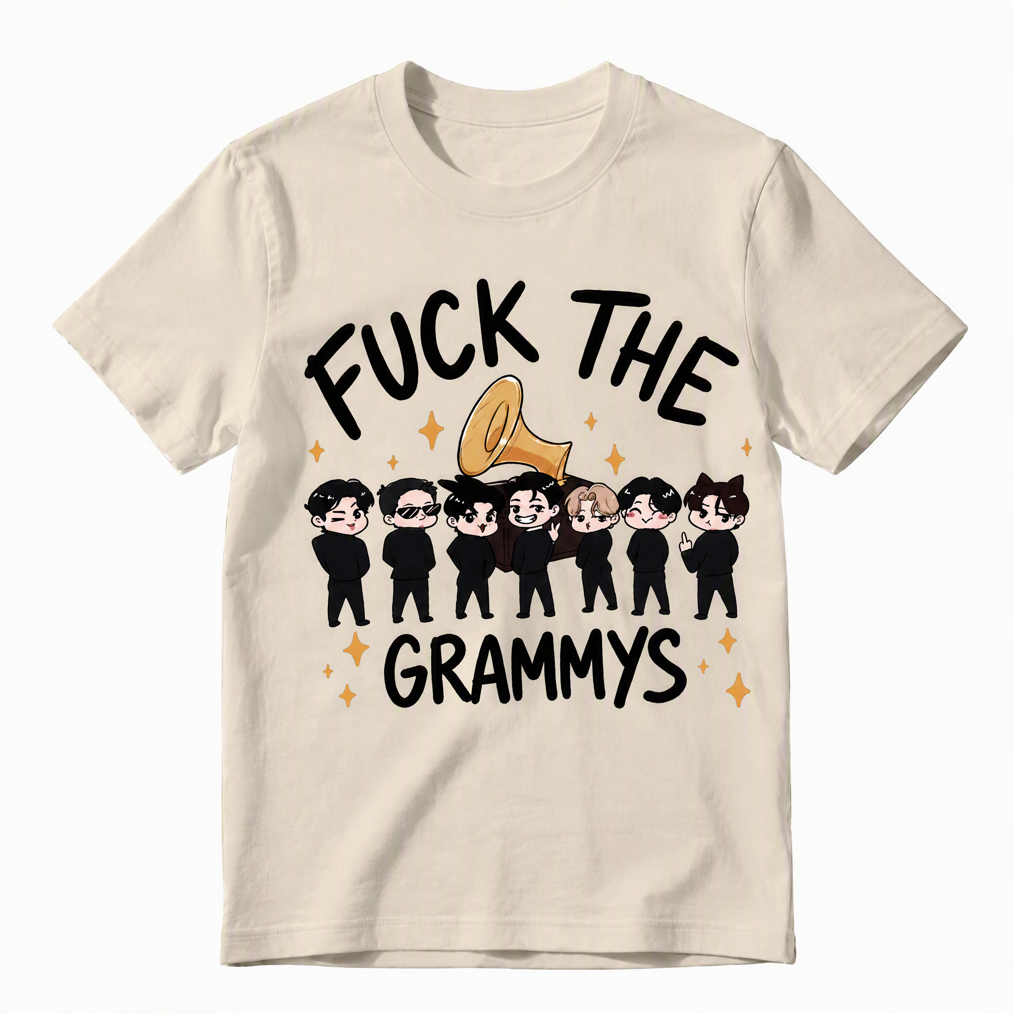 Funny K-Pop Protest Graphic Tee - Sarcastic "F*ck The Grammys" Cartoon Group T-Shirt