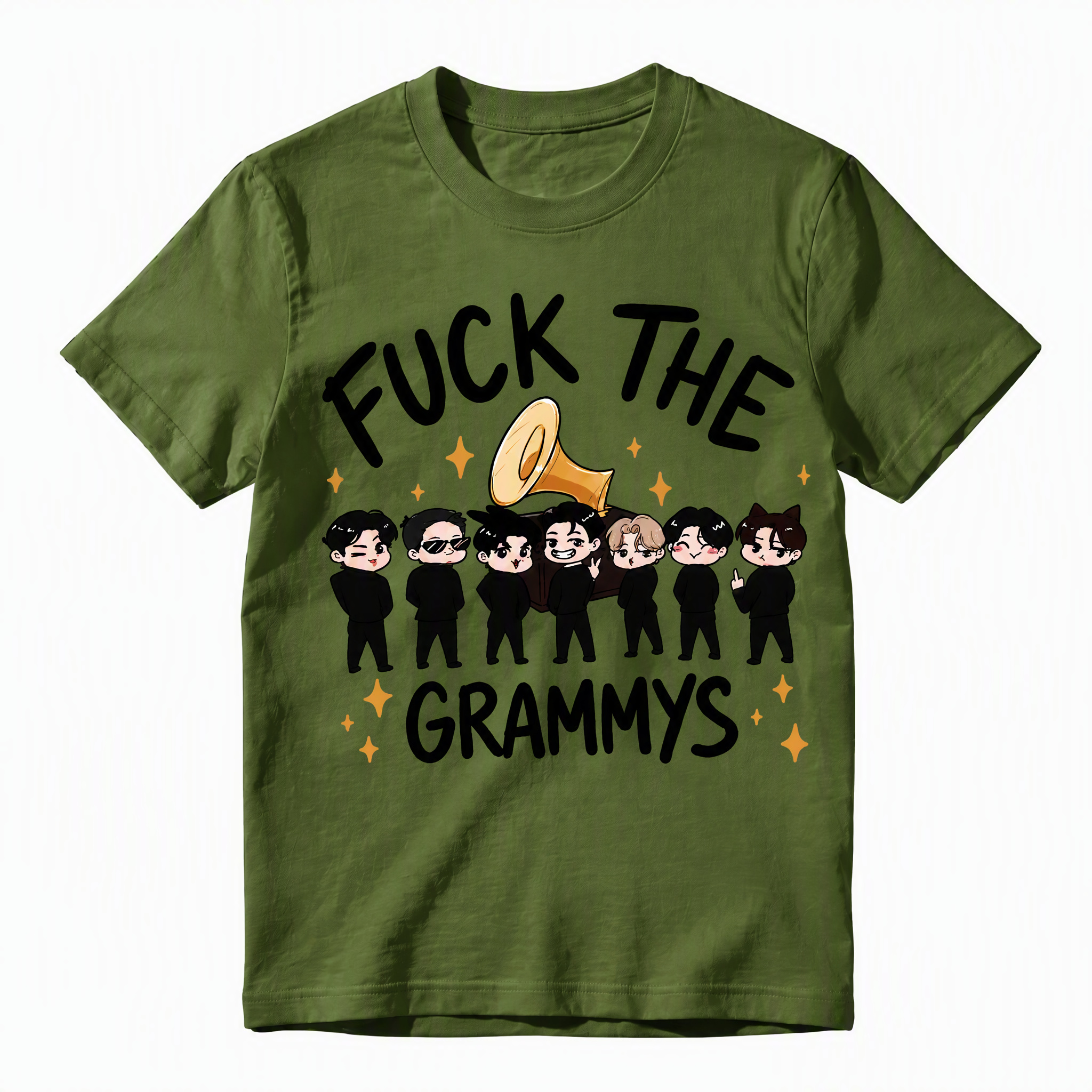 Funny K-Pop Protest Graphic Tee - Sarcastic "F*ck The Grammys" Cartoon Group T-Shirt