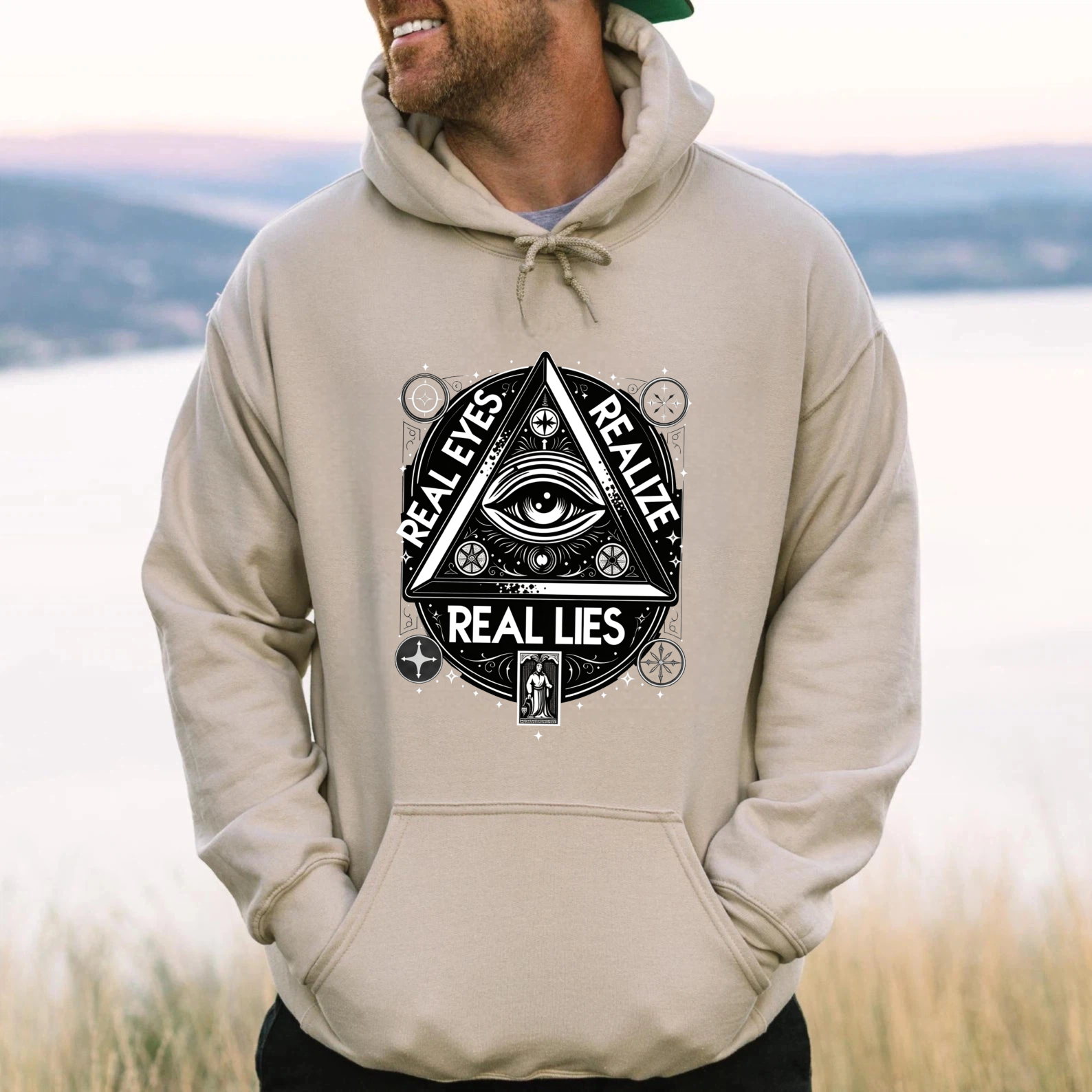 Dorawear™ Real Eyes Real Lies All Seeing Eye Hoodie Black Spiritual Symbolic Design Mystical Eye Print Sweatshirt Unisex Fashion Statement Clothing-Dorawear