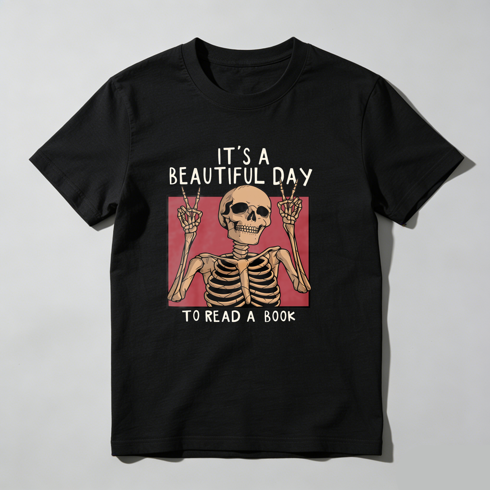 Dorawear™ Skeleton Making Peace Signs With Book Text T Shirt