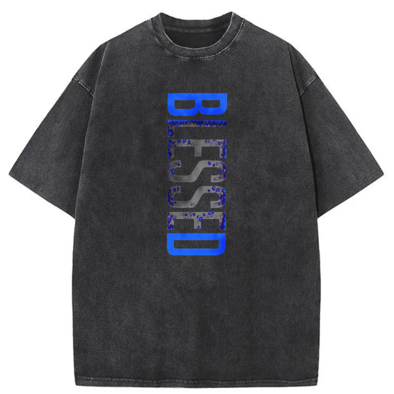 Dorawear™ Blue Vertical Text Design Washed Cotton T-Shirt