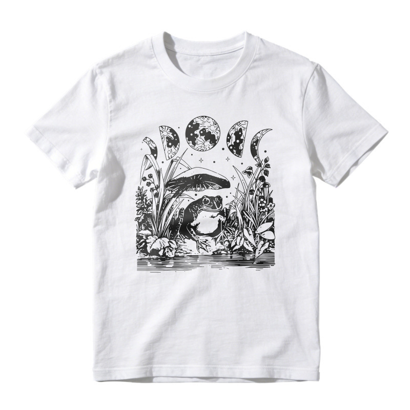 Moon Phases Frog In Pond With Mushrooms And Plants Nature Illustration, Unisex Classic T-shirt