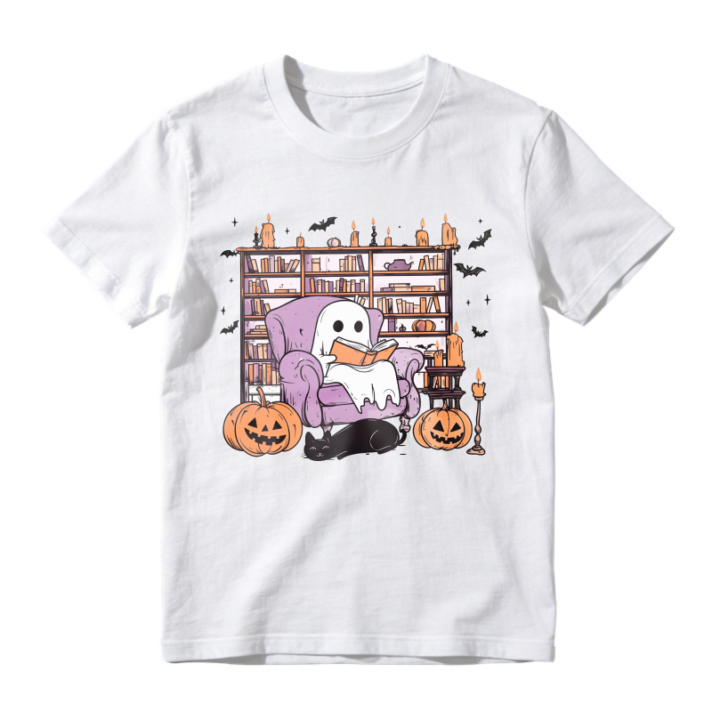 Cute Ghost Reading Book In Library With Pumpkins And Candles Halloween Scene, Unisex Classic T-shirt