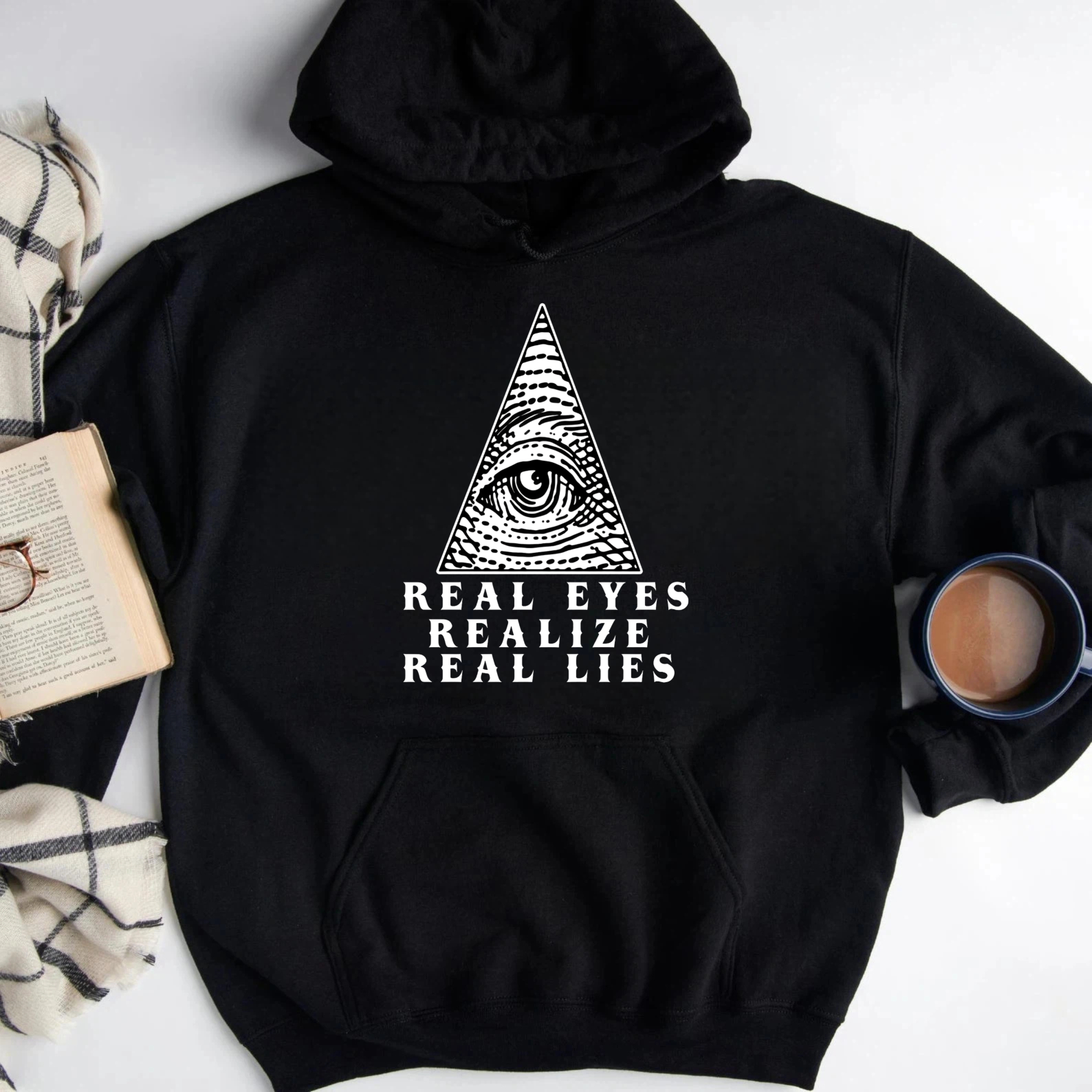 Dorawear™ Real Eyes Realize Real Lies Hoodie With All Seeing Eye Design Black Sweatshirt For Men And Women Casual Wear Fashion Statement Piece-Dorawear
