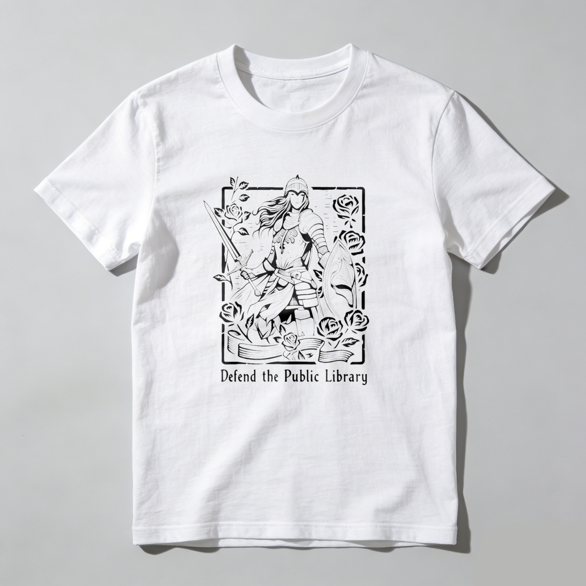 Dorawear™ Defend The Public Library Warrior With Sword And Roses T Shirt