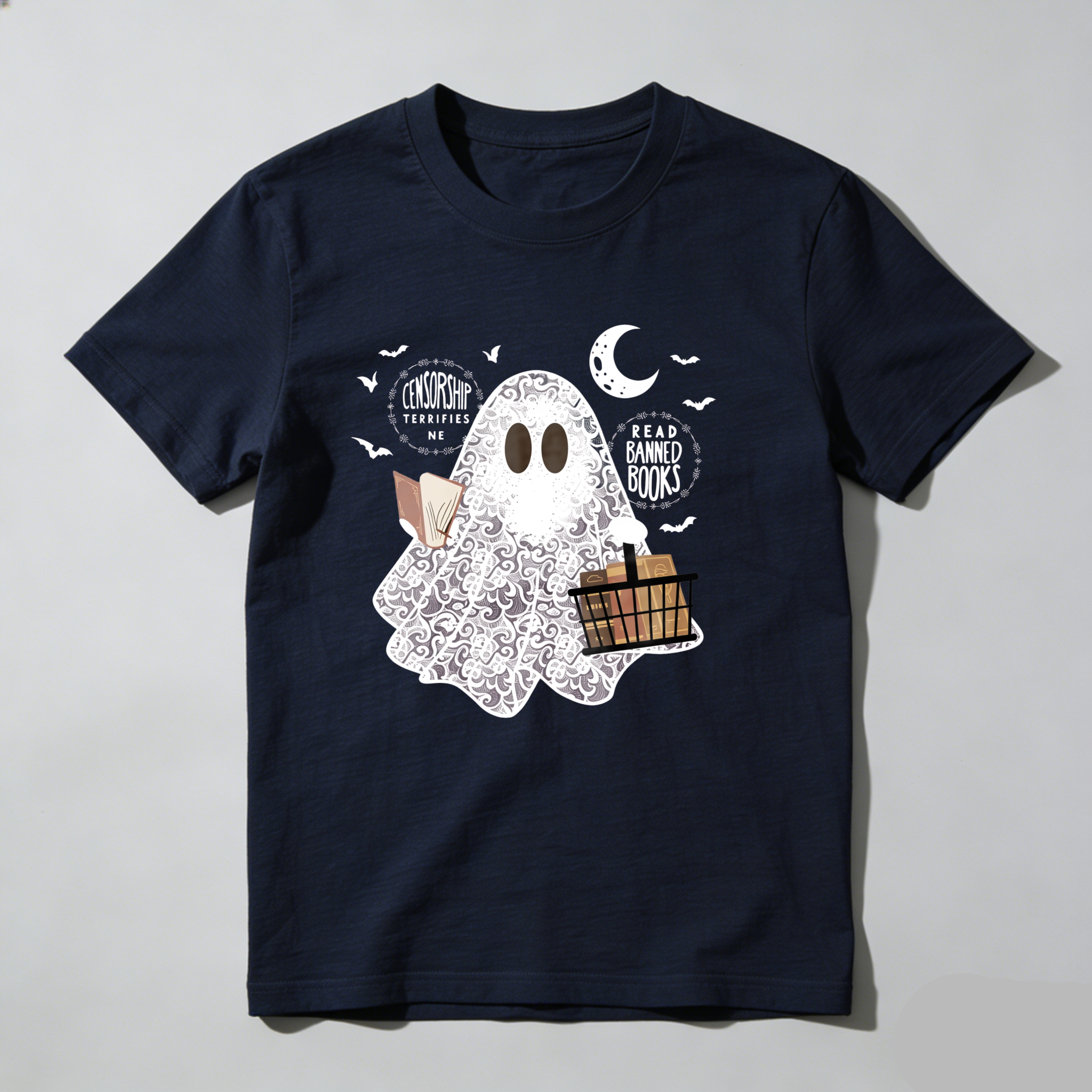 Dorawear Ghost Holds Books And Moon With Bats T Shirt