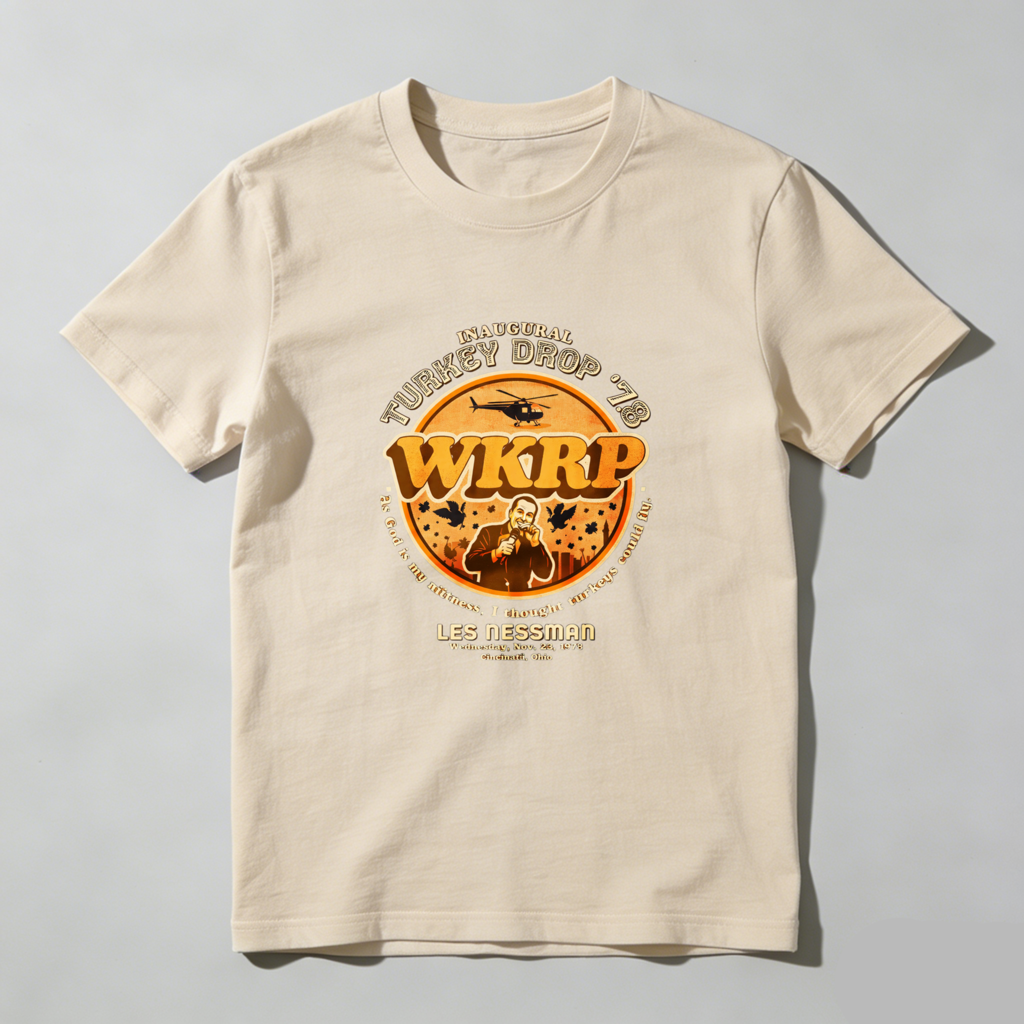 Dorawear™ Inaugural Turkey Drop Wkrp Les Nessman Pure Cotton Short Sleeve T Shirt-Dorawear