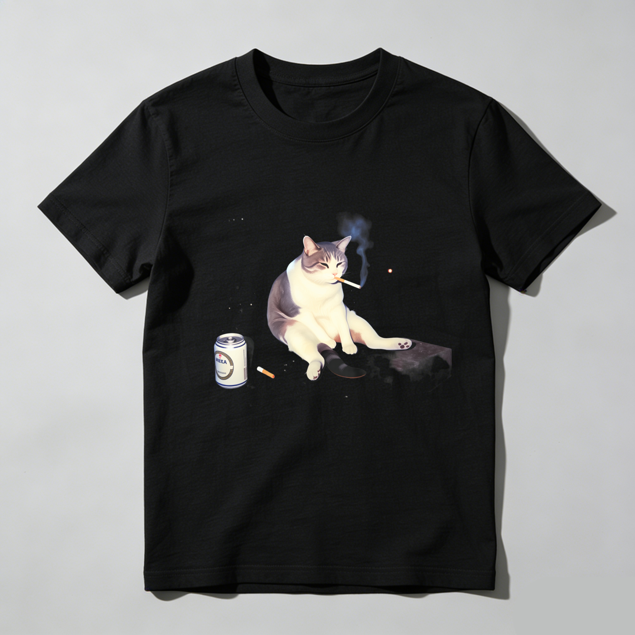 Dorawear™ Cat Smoking Cigarette With Beer Can T Shirt