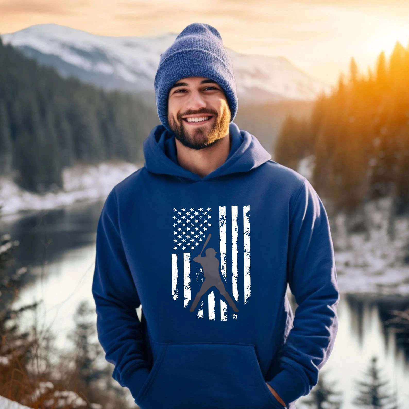 Dorawear™ American Flag Baseball Player Hoodie Black Sweatshirt With Front Pocket And Drawstring Hood Sporty Design For Men Women Unisex Casual Wear-Dorawear